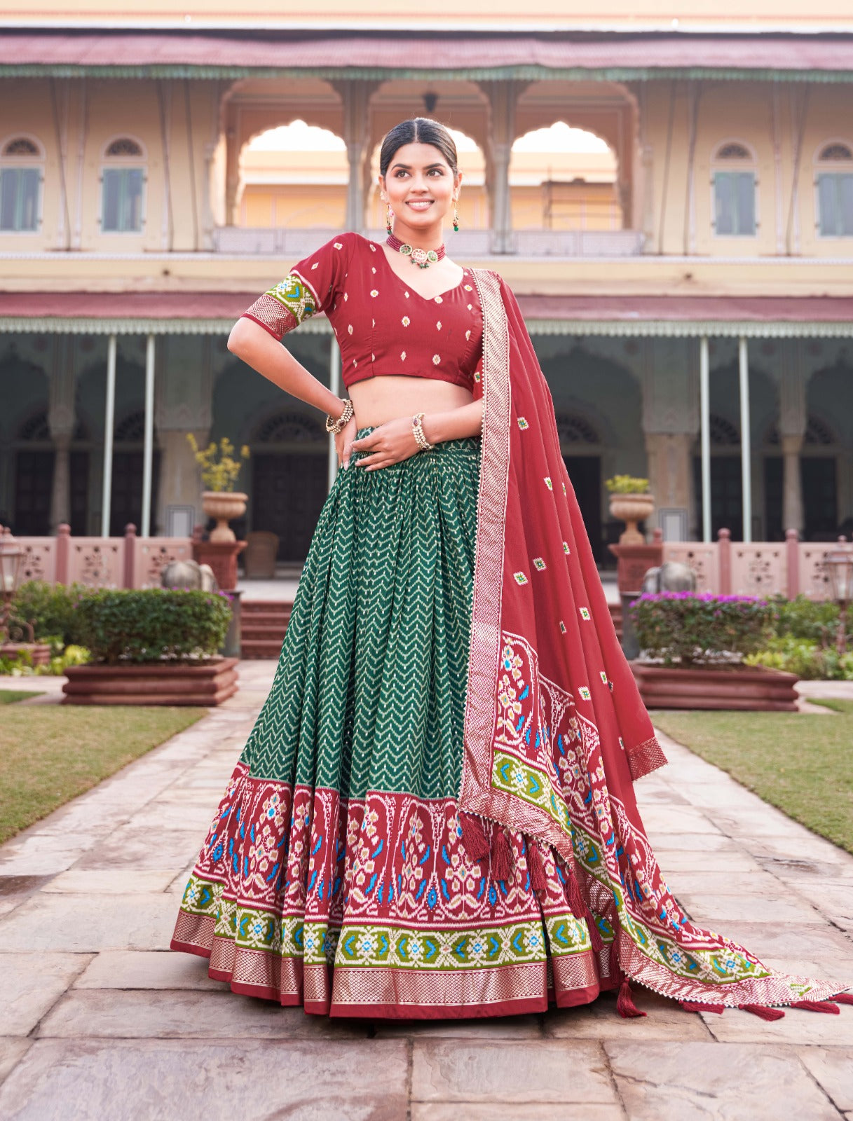 Enticing Green Tussar Silk Patola Printed Lehenga Choli Set - INDIAN ELEGANCE