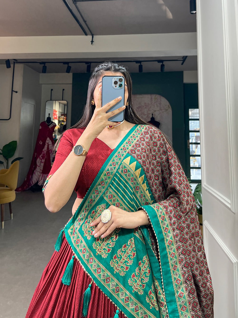 Graceful Red Tussar Silk Printed Foil Worked Lehenga Choli - INDIAN ELEGANCE