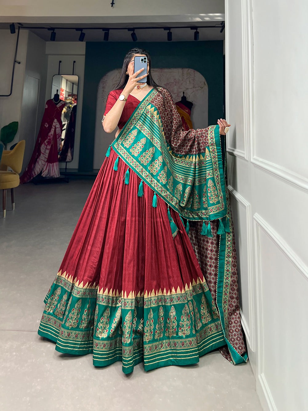 Graceful Red Tussar Silk Printed Foil Worked Lehenga Choli - INDIAN ELEGANCE