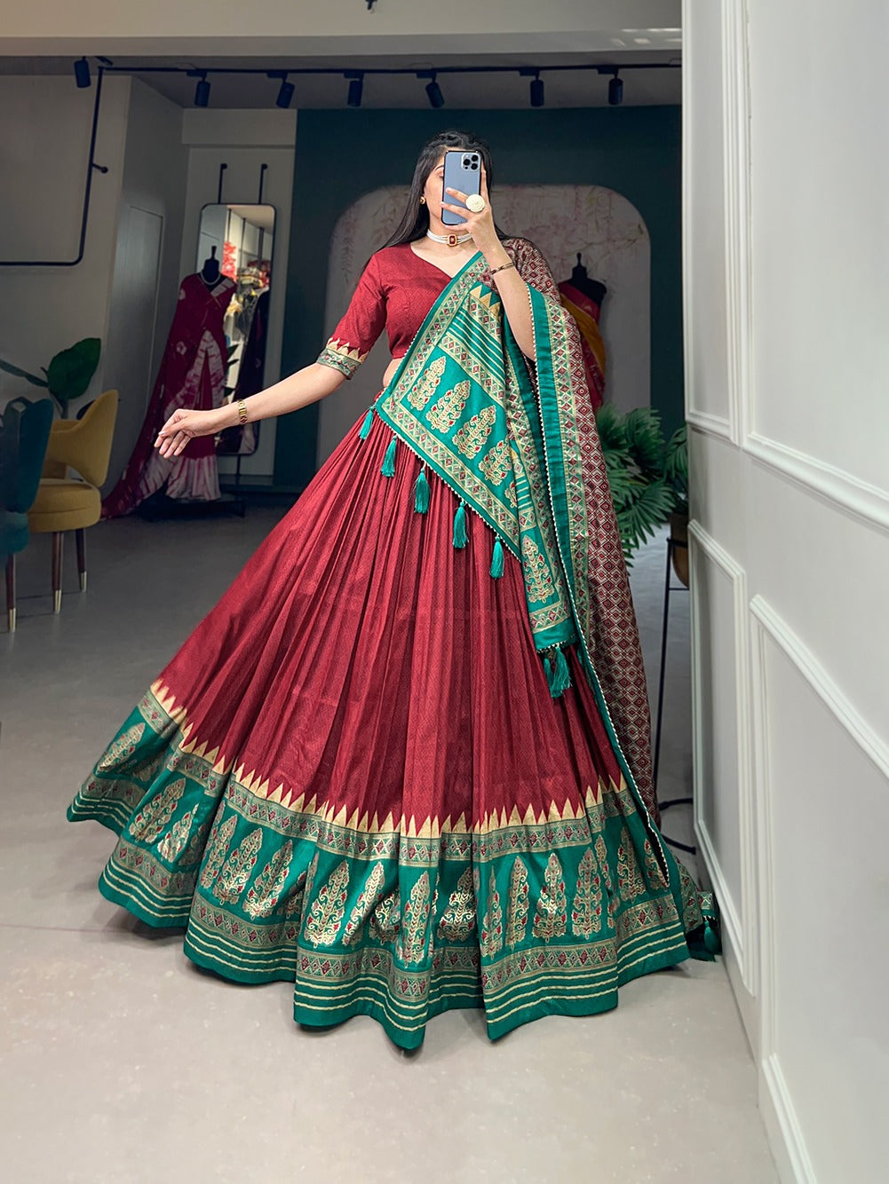 Graceful Red Tussar Silk Printed Foil Worked Lehenga Choli - INDIAN ELEGANCE