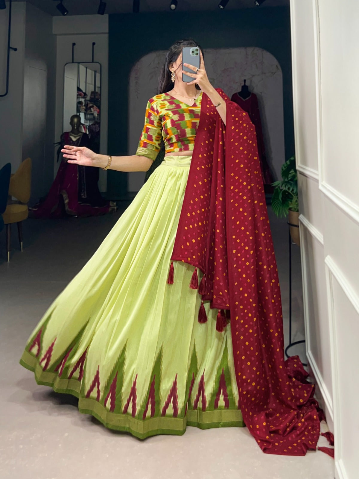 Spectacular Parrot Green Tussar Silk Fully Stitched Lehenga Choli - INDIAN ELEGANCE