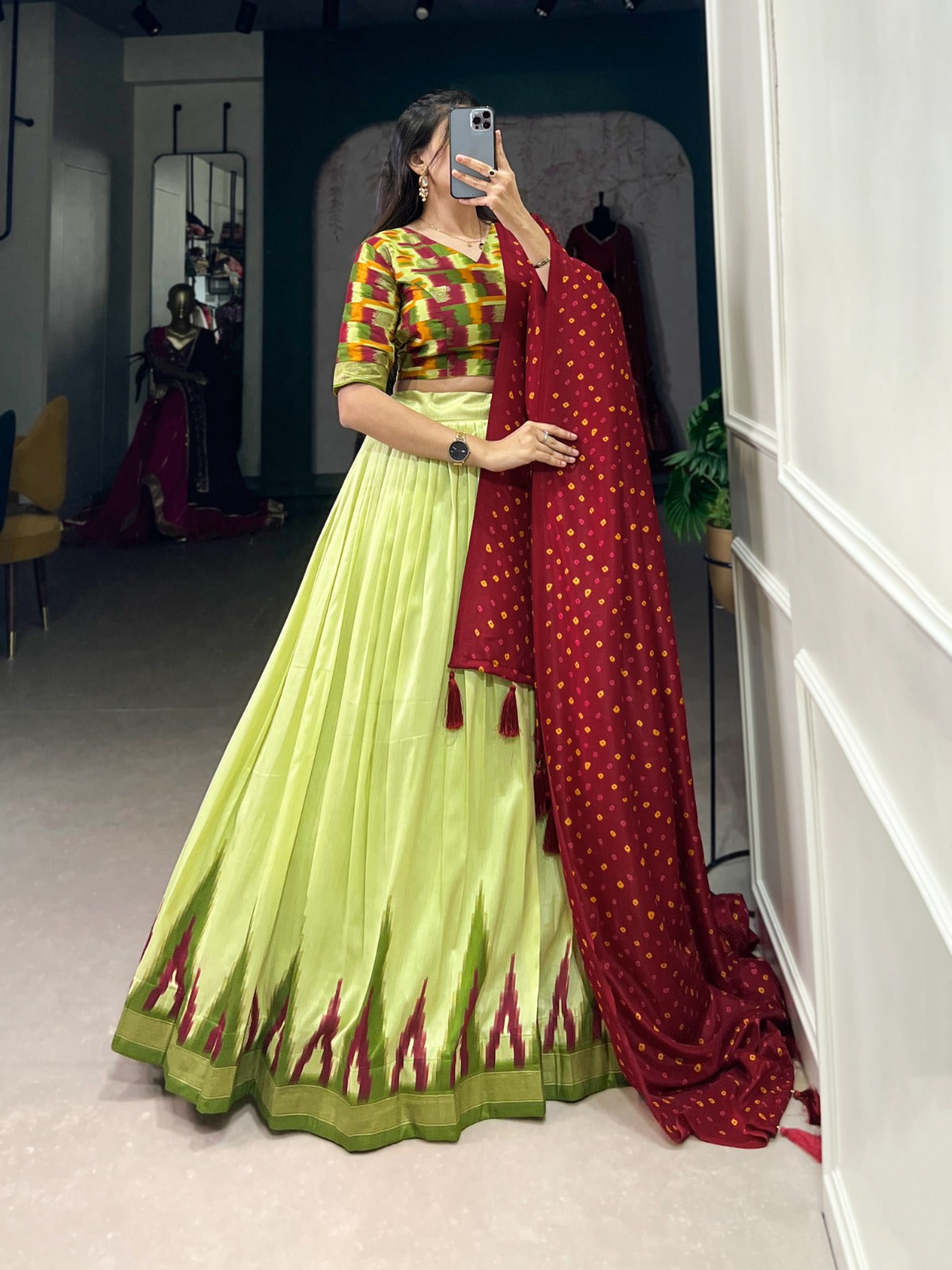 Spectacular Parrot Green Tussar Silk Fully Stitched Lehenga Choli - INDIAN ELEGANCE