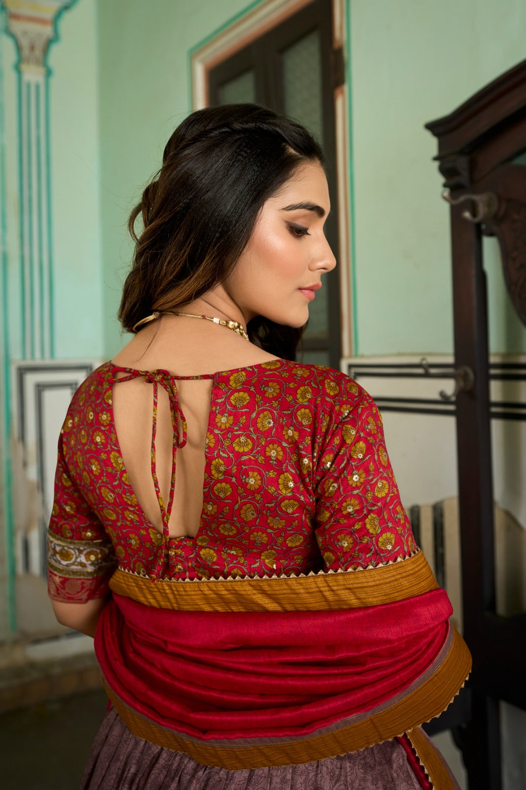 Chic Onion Tussar Silk Kashmiri Printed Lehenga Choli Set - INDIAN ELEGANCE