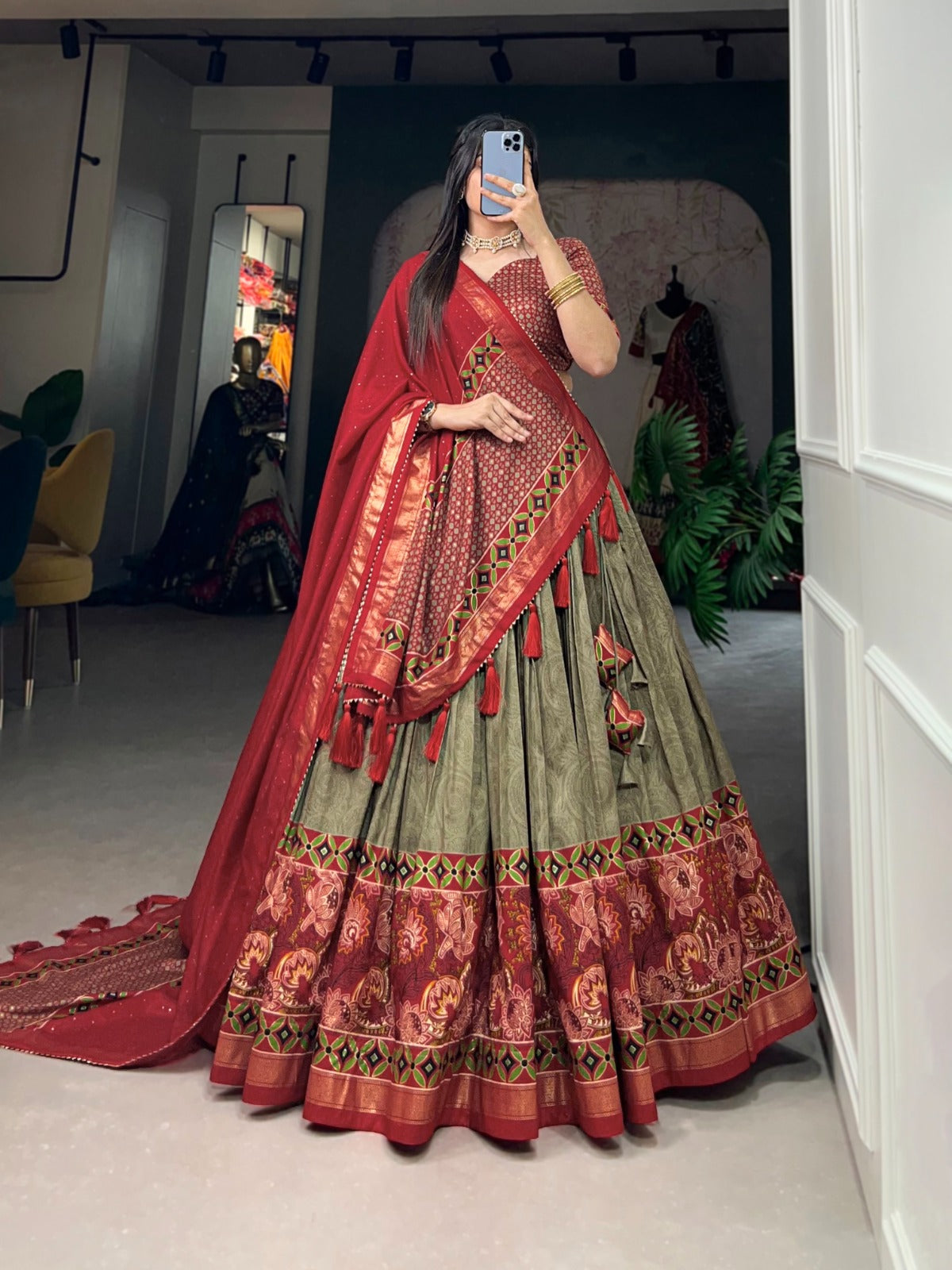 Ravishing Mehendi Green Tussar Silk Floral Printed Lehenga Choli - INDIAN ELEGANCE