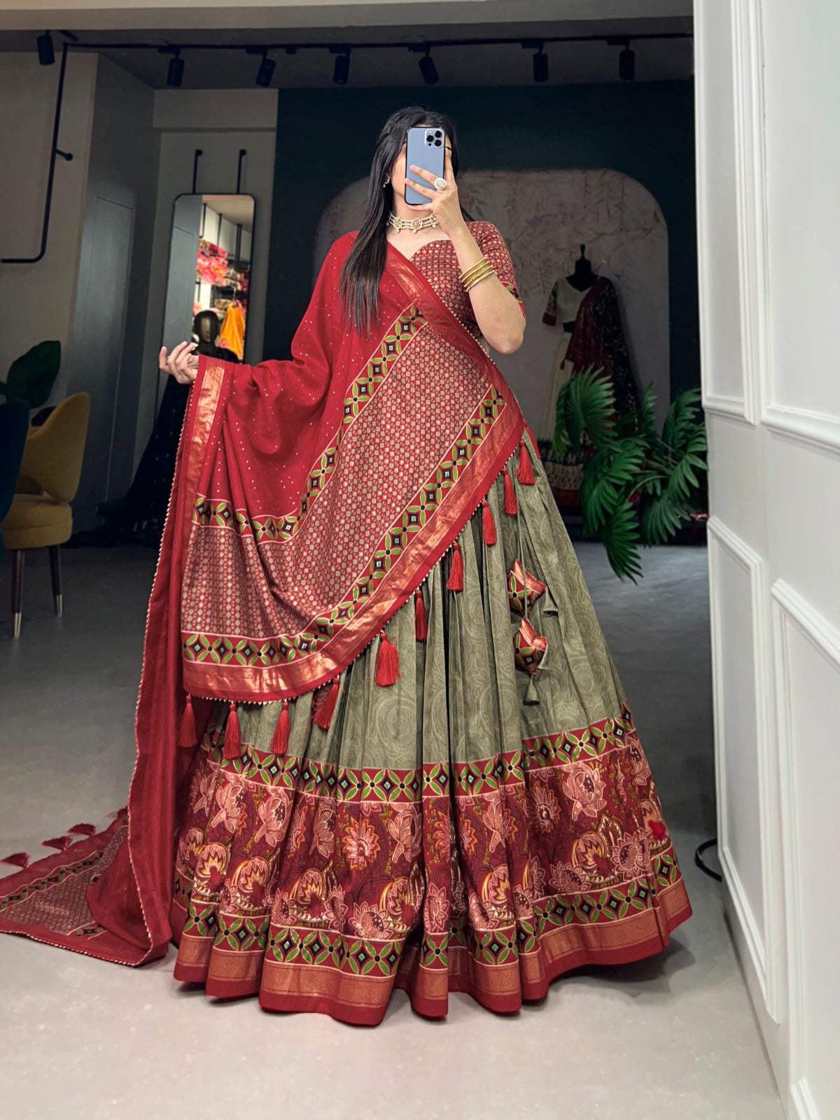 Ravishing Mehendi Green Tussar Silk Floral Printed Lehenga Choli - INDIAN ELEGANCE