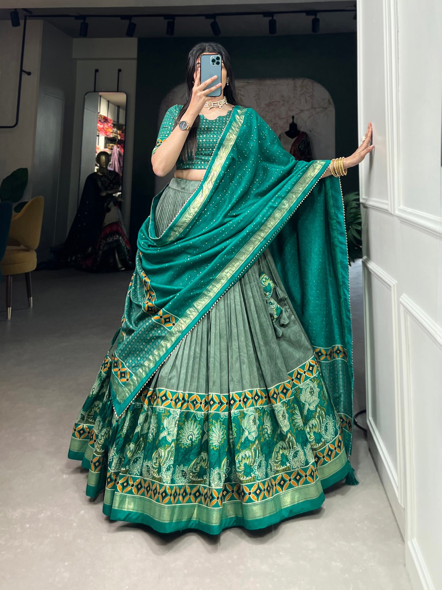 Lovely Sky Green Tussar Silk Floral Printed Lehenga Choli - INDIAN ELEGANCE
