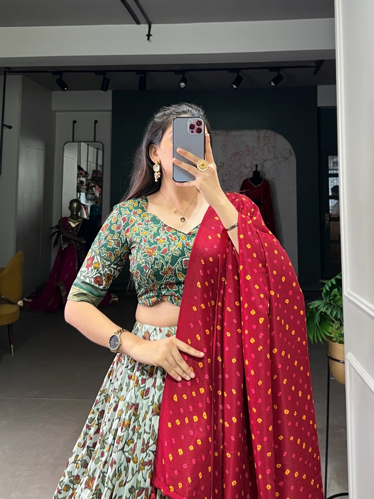 Luminous Green Tussar Silk Floral Printed Lehenga Choli - INDIAN ELEGANCE