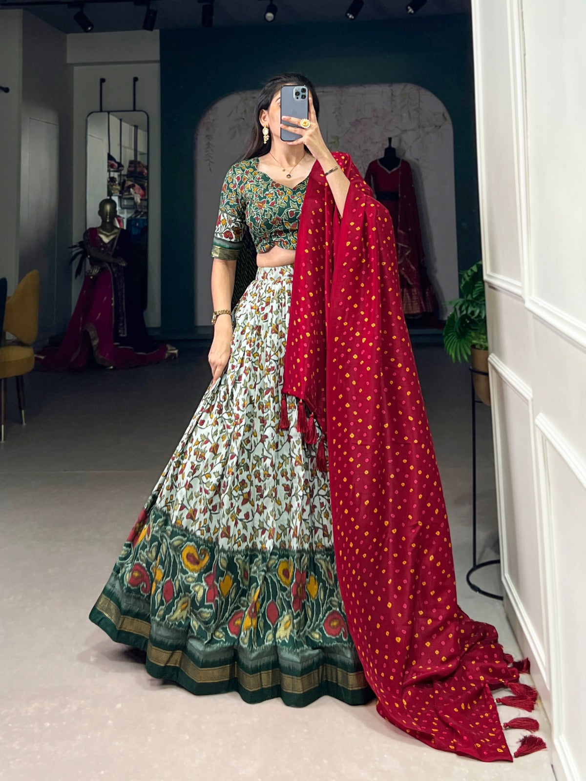 Luminous Green Tussar Silk Floral Printed Lehenga Choli - INDIAN ELEGANCE