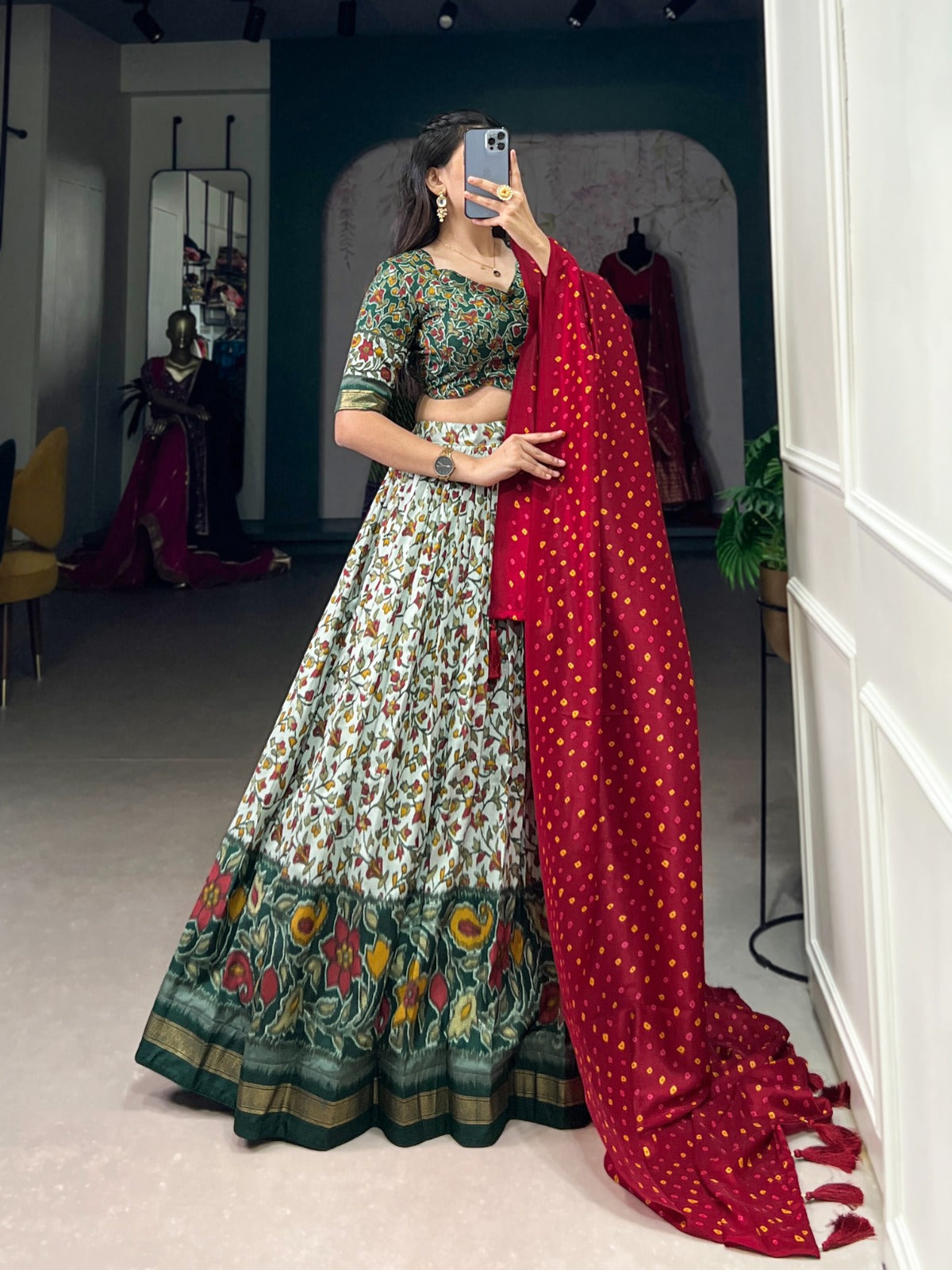 Luminous Green Tussar Silk Floral Printed Lehenga Choli - INDIAN ELEGANCE