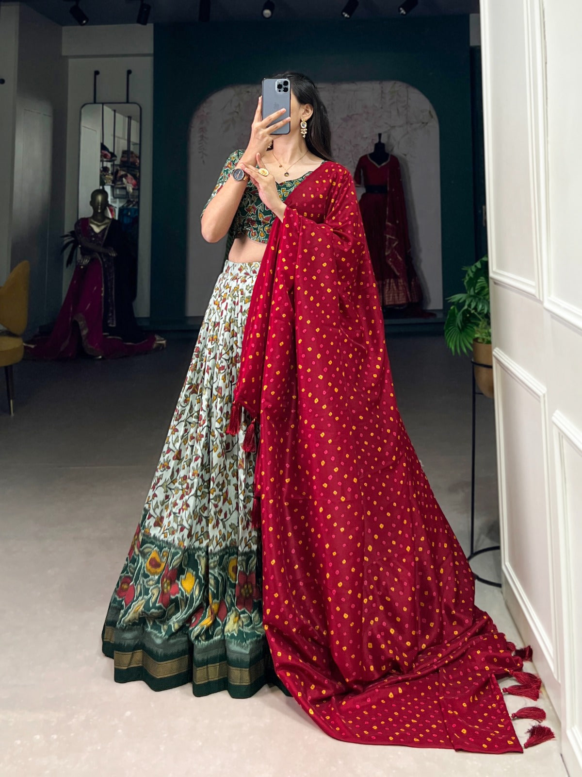 Luminous Green Tussar Silk Floral Printed Lehenga Choli - INDIAN ELEGANCE