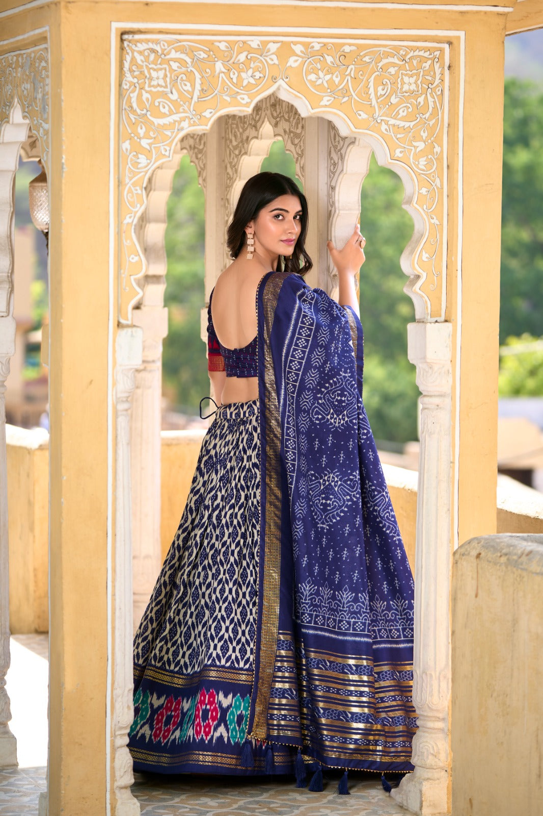 Appealing Navy Blue Tussar Silk Printed Foil Worked Lehenga Choli - INDIAN ELEGANCE