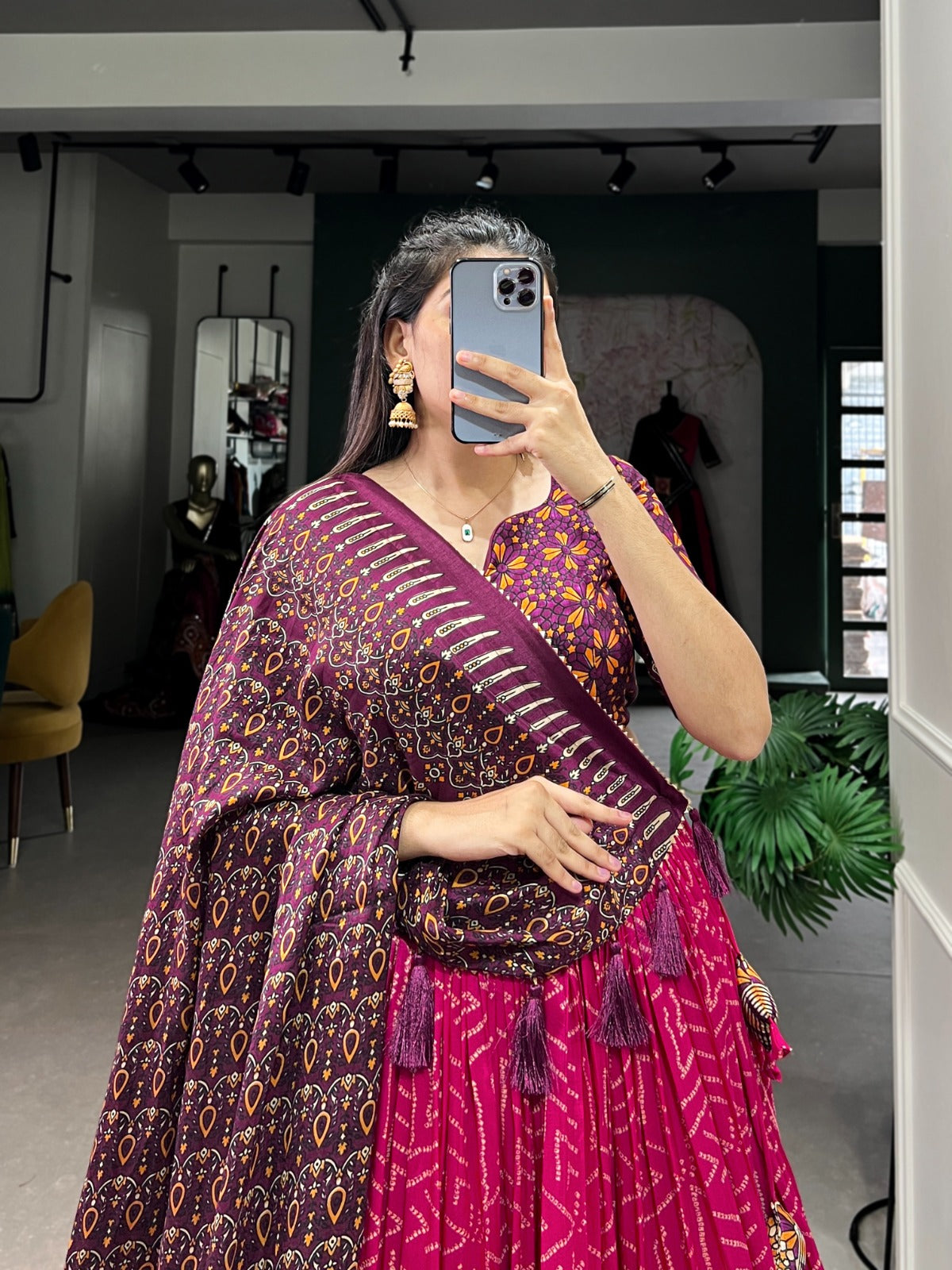 Sumptuous Pink Tussar Silk Bandhej Ajarakh Printed Lehenga Choli - INDIAN ELEGANCE