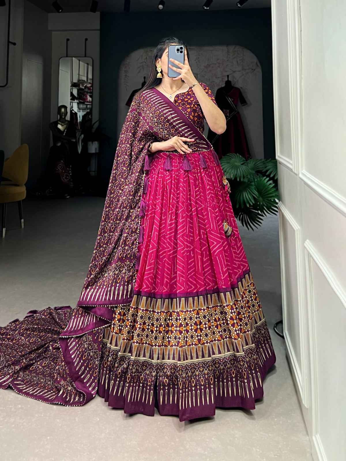 Sumptuous Pink Tussar Silk Bandhej Ajarakh Printed Lehenga Choli - INDIAN ELEGANCE