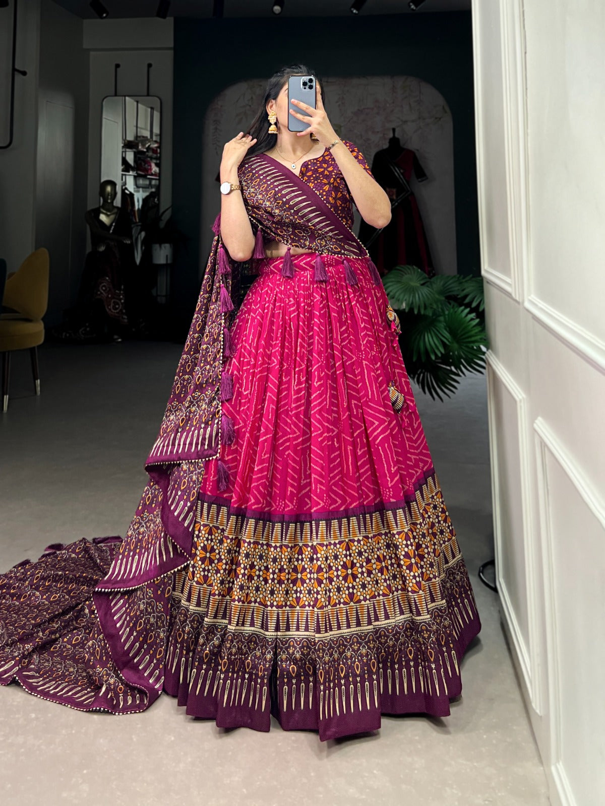 Sumptuous Pink Tussar Silk Bandhej Ajarakh Printed Lehenga Choli - INDIAN ELEGANCE