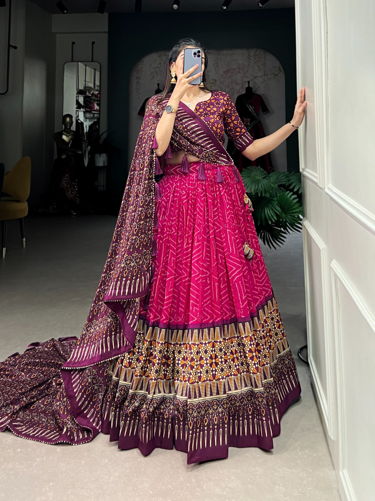 Sumptuous Pink Tussar Silk Bandhej Ajarakh Printed Lehenga Choli - INDIAN ELEGANCE