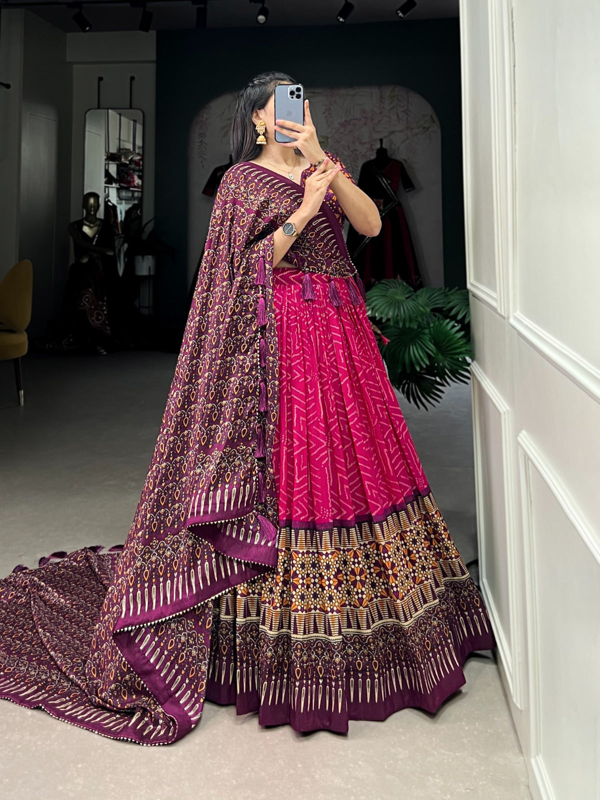 Sumptuous Pink Tussar Silk Bandhej Ajarakh Printed Lehenga Choli - INDIAN ELEGANCE