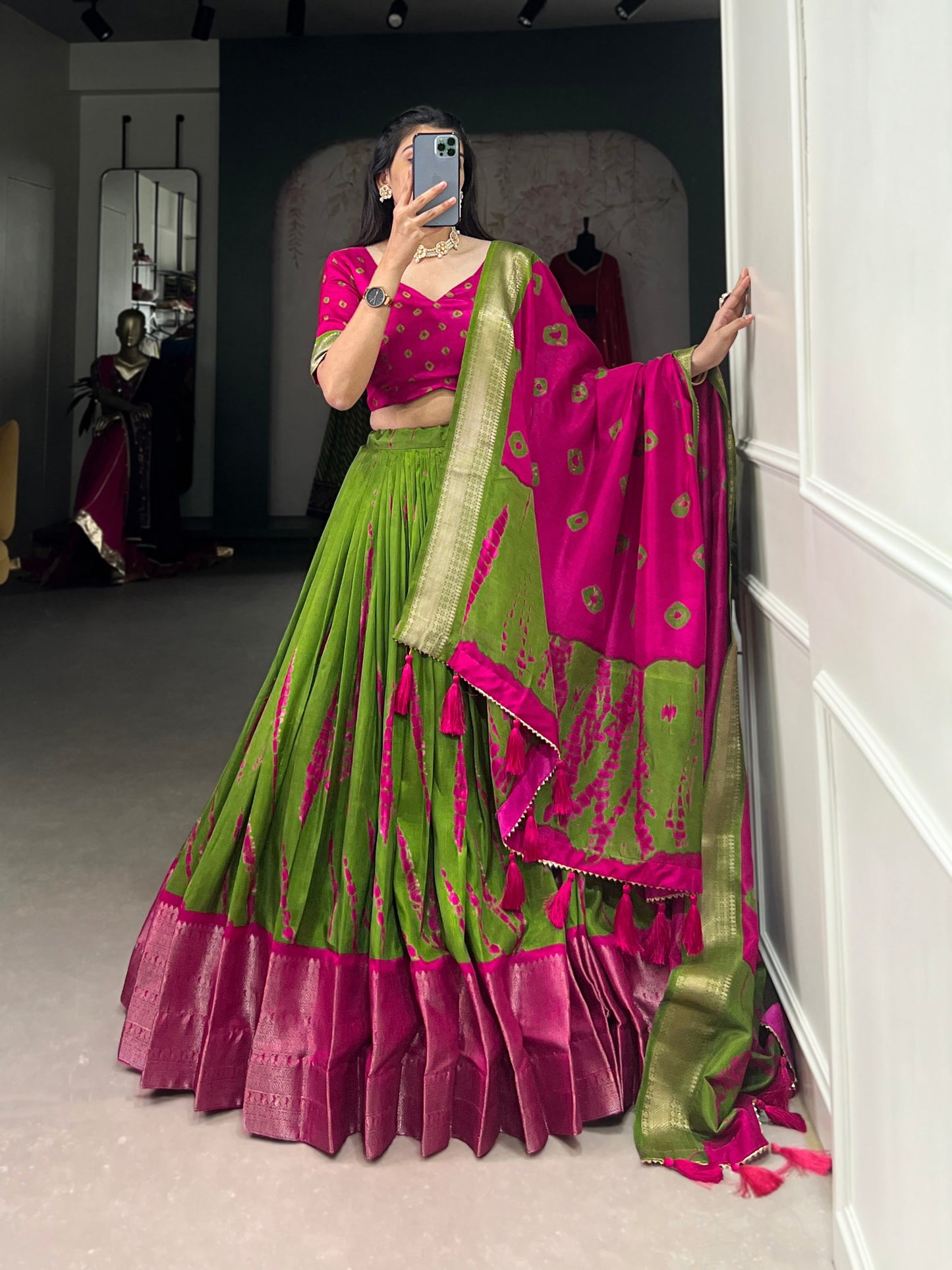 Magnificent Dola Silk Shibori Printed Zari Weaving Border Worked Lehenga Set - INDIAN ELEGANCE