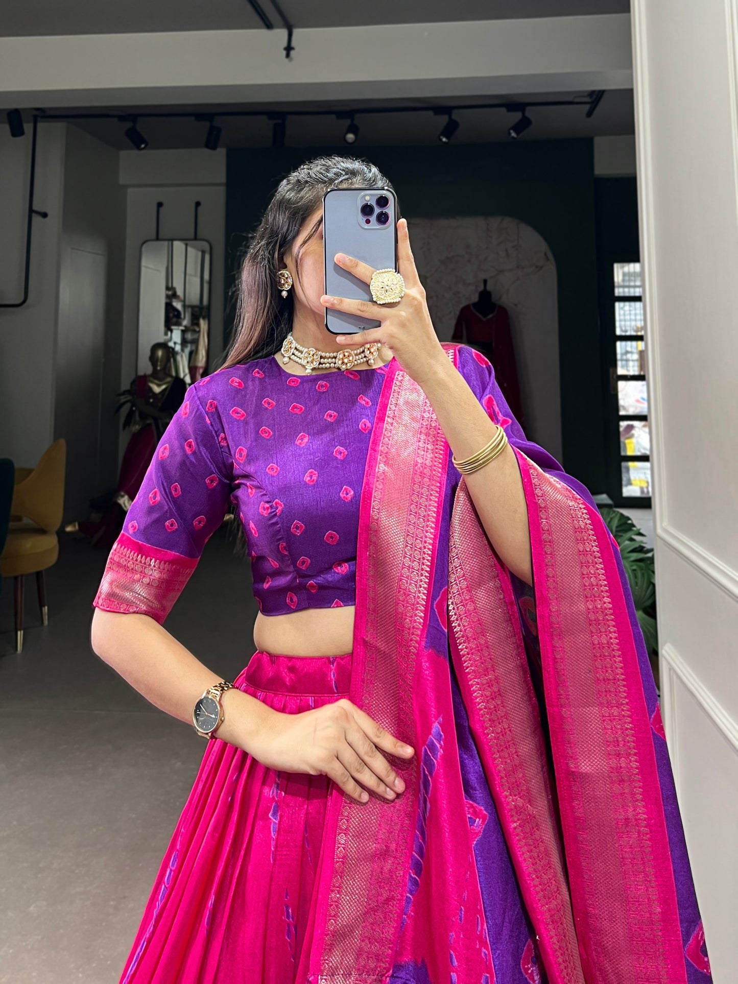 Magnificent Dola Silk Shibori Printed Zari Weaving Border Worked Lehenga Set - INDIAN ELEGANCE
