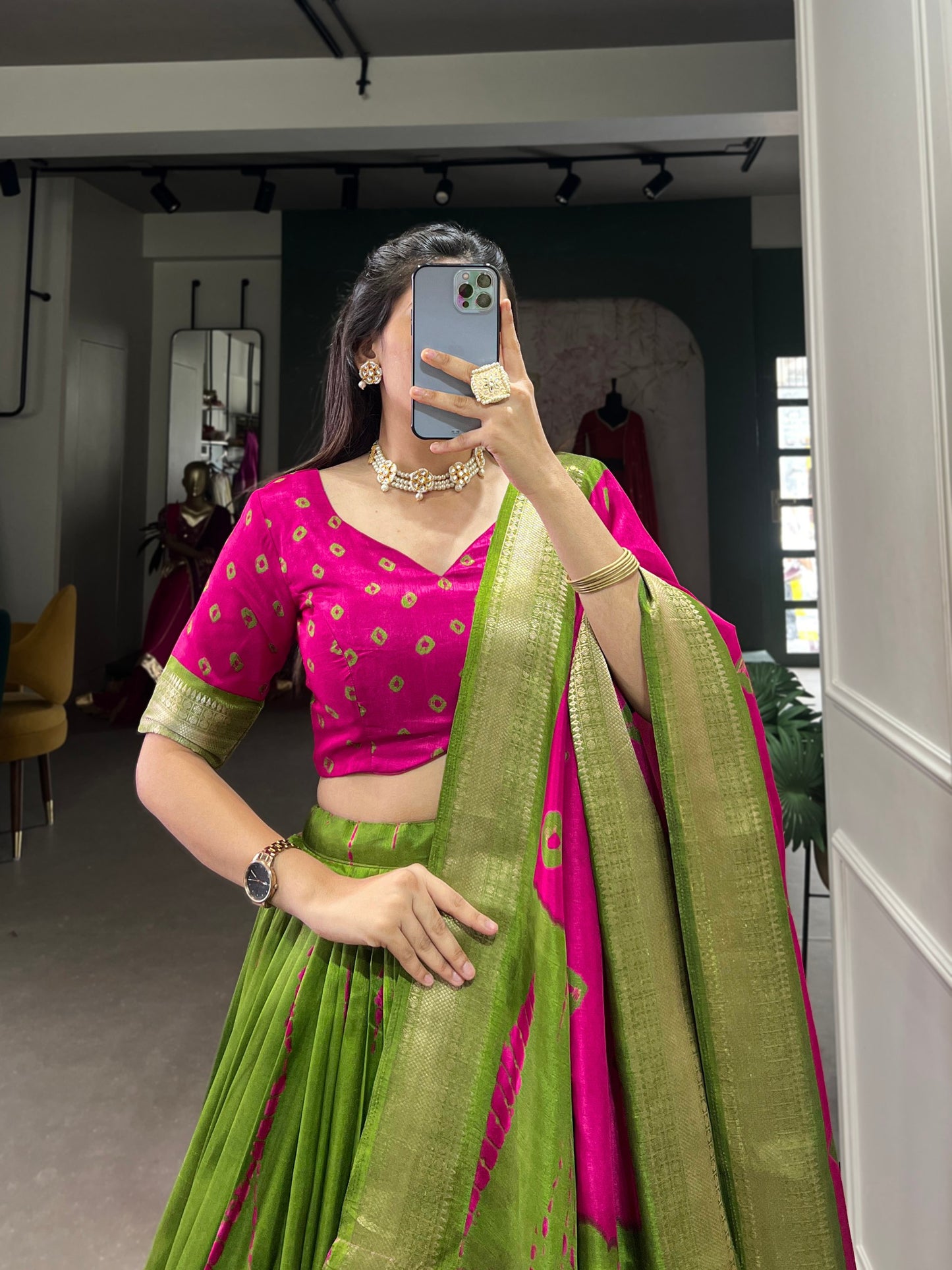 Magnificent Dola Silk Shibori Printed Zari Weaving Border Worked Lehenga Set - INDIAN ELEGANCE