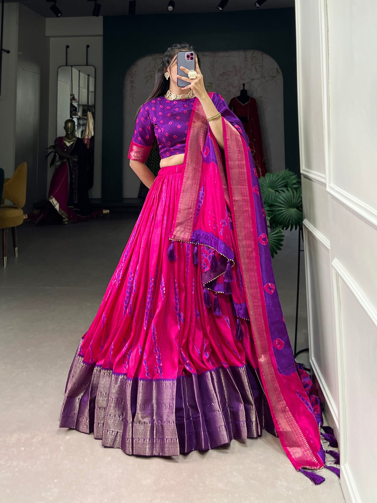 Magnificent Dola Silk Shibori Printed Zari Weaving Border Worked Lehenga Set - INDIAN ELEGANCE