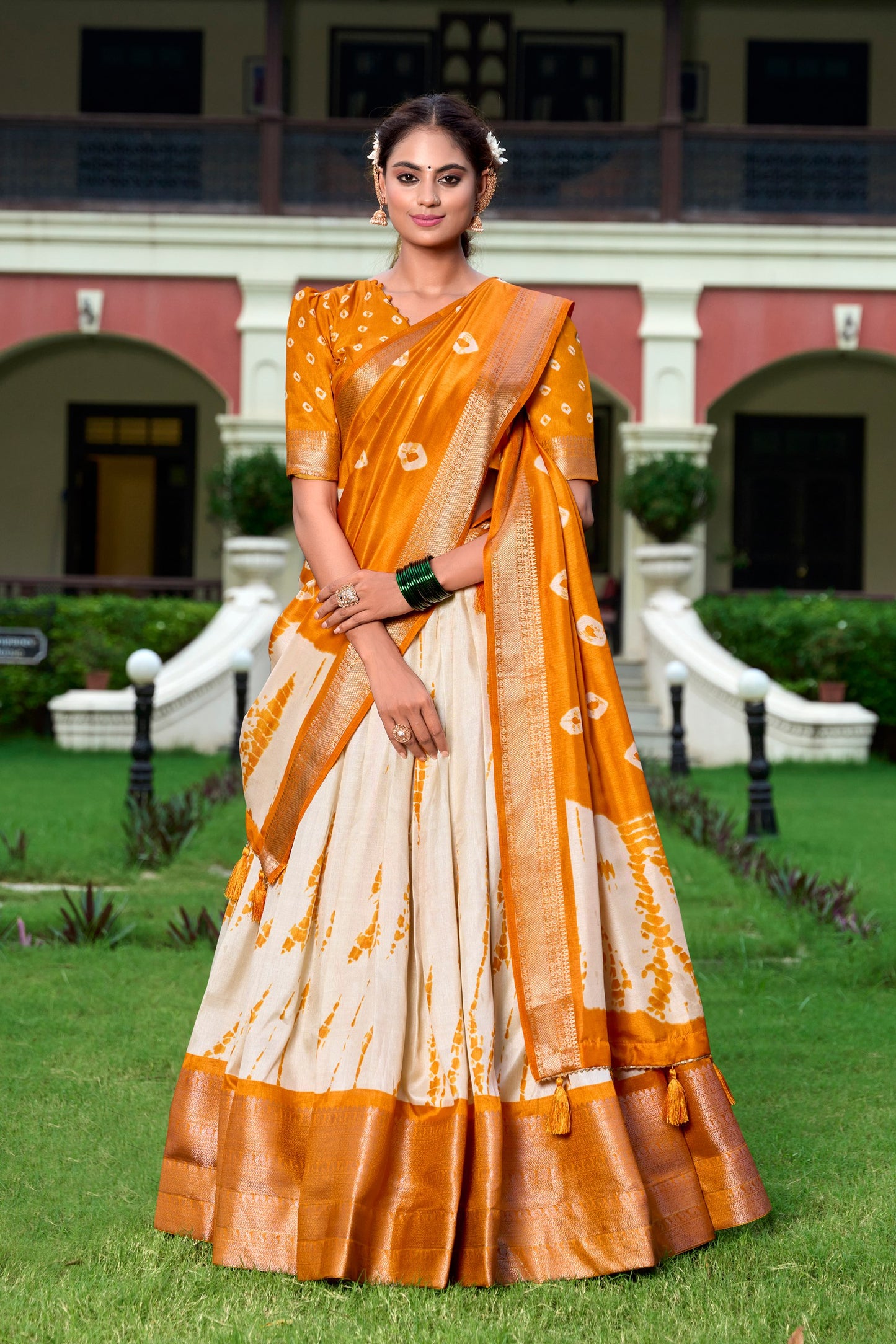 Magnificent Dola Silk Shibori Printed Zari Weaving Border Worked Lehenga Set - INDIAN ELEGANCE
