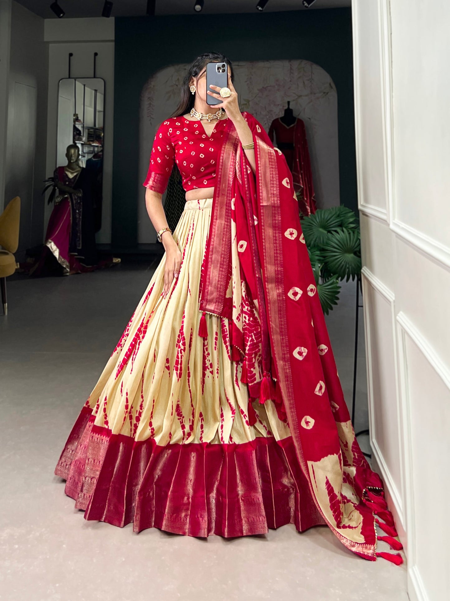Magnificent Dola Silk Shibori Printed Zari Weaving Border Worked Lehenga Set - INDIAN ELEGANCE
