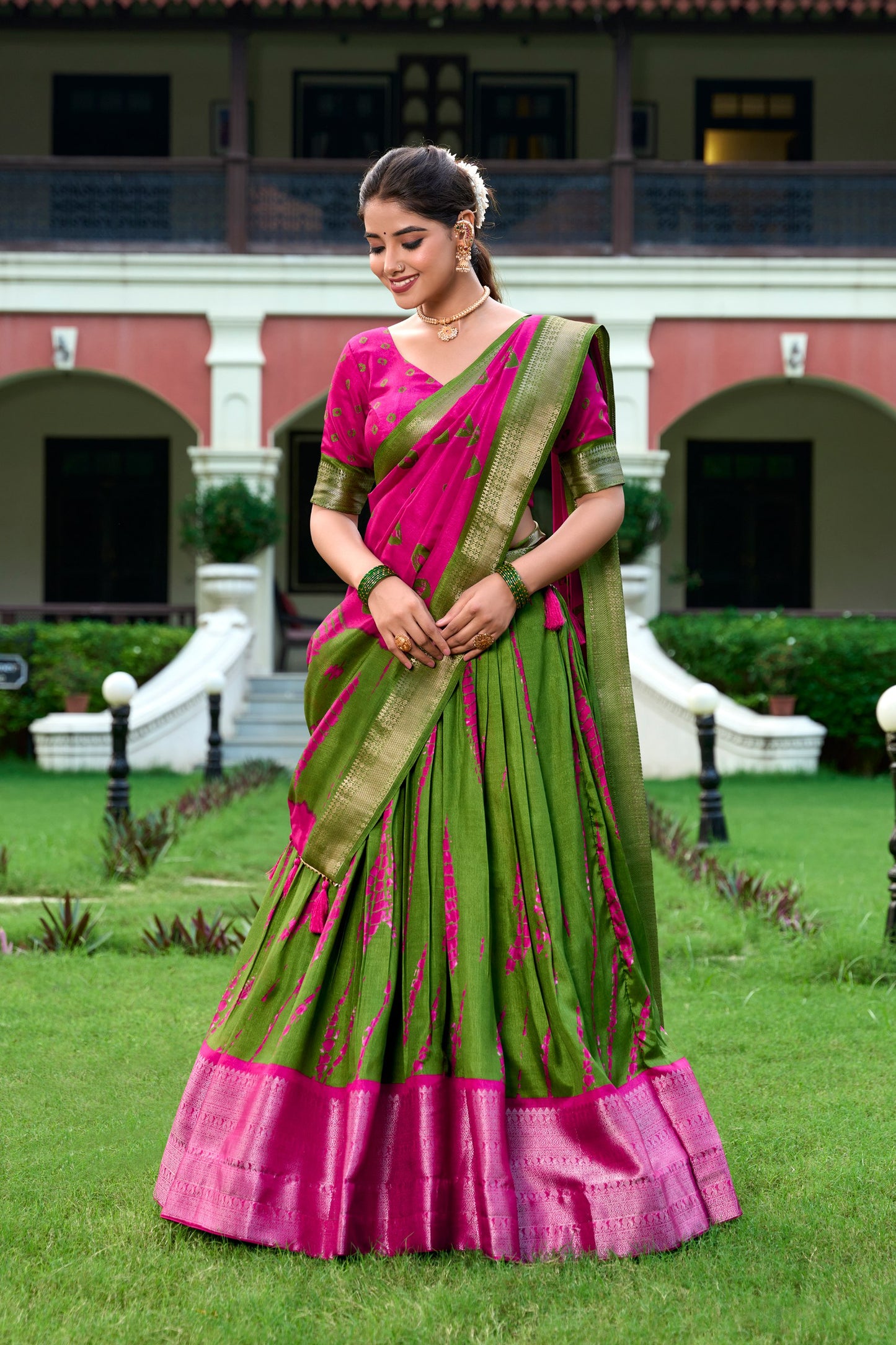 Magnificent Dola Silk Shibori Printed Zari Weaving Border Worked Lehenga Set - INDIAN ELEGANCE