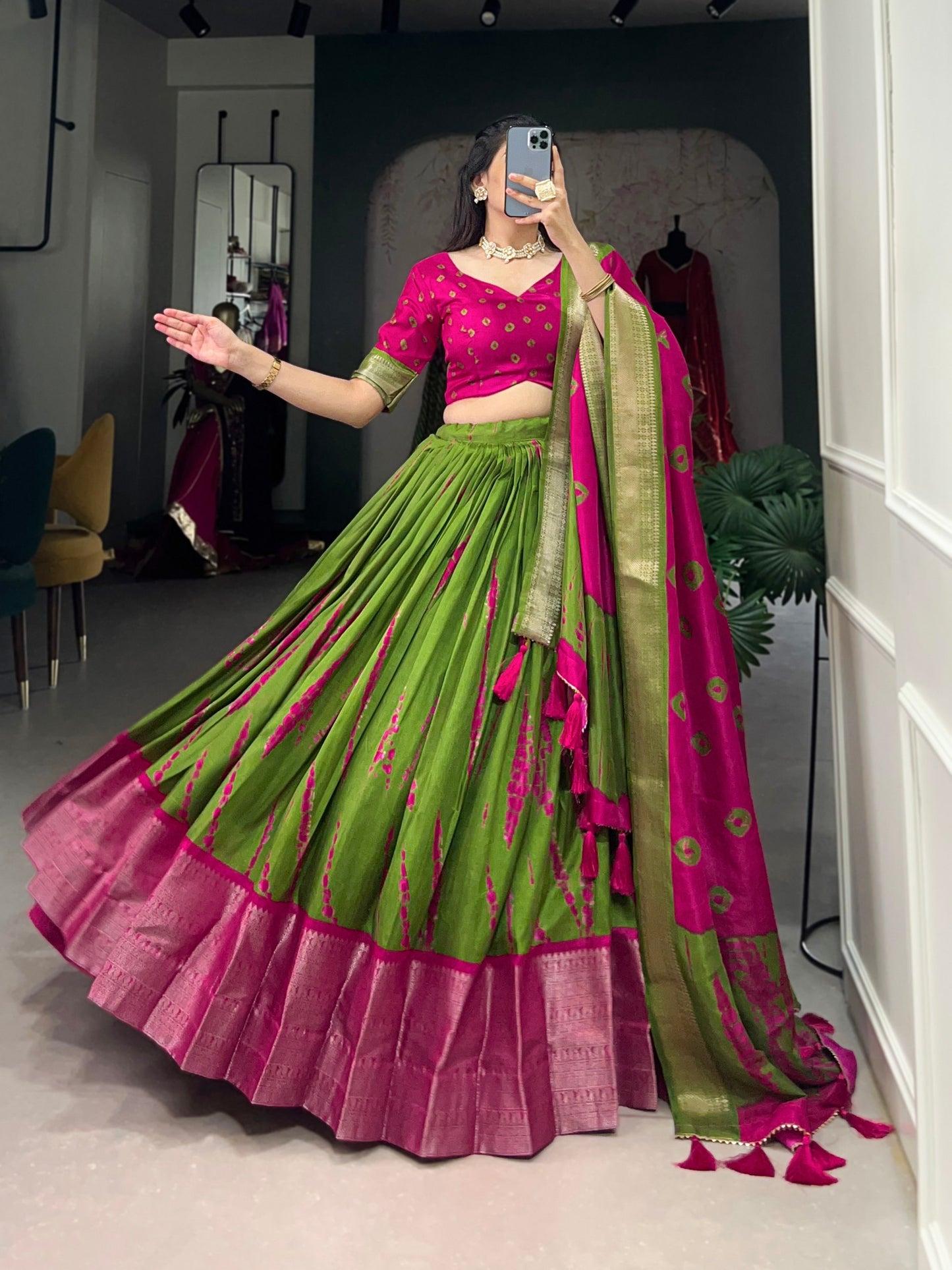 Magnificent Dola Silk Shibori Printed Zari Weaving Border Worked Lehenga Set - INDIAN ELEGANCE
