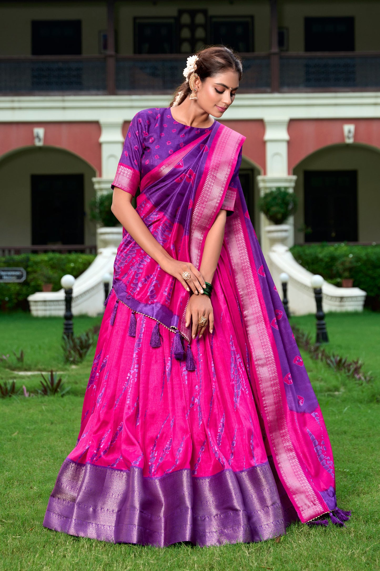 Magnificent Dola Silk Shibori Printed Zari Weaving Border Worked Lehenga Set - INDIAN ELEGANCE