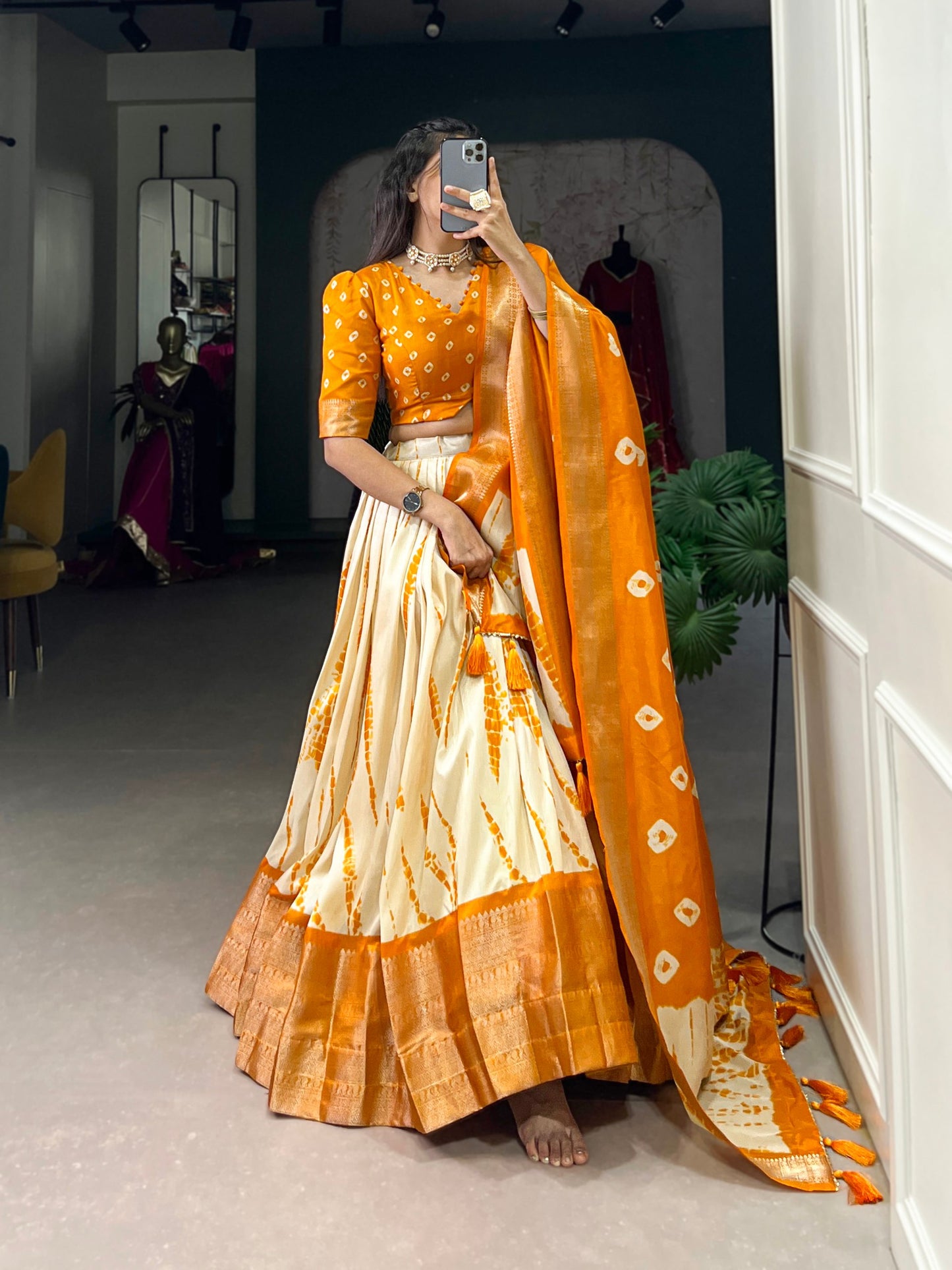 Magnificent Dola Silk Shibori Printed Zari Weaving Border Worked Lehenga Set - INDIAN ELEGANCE