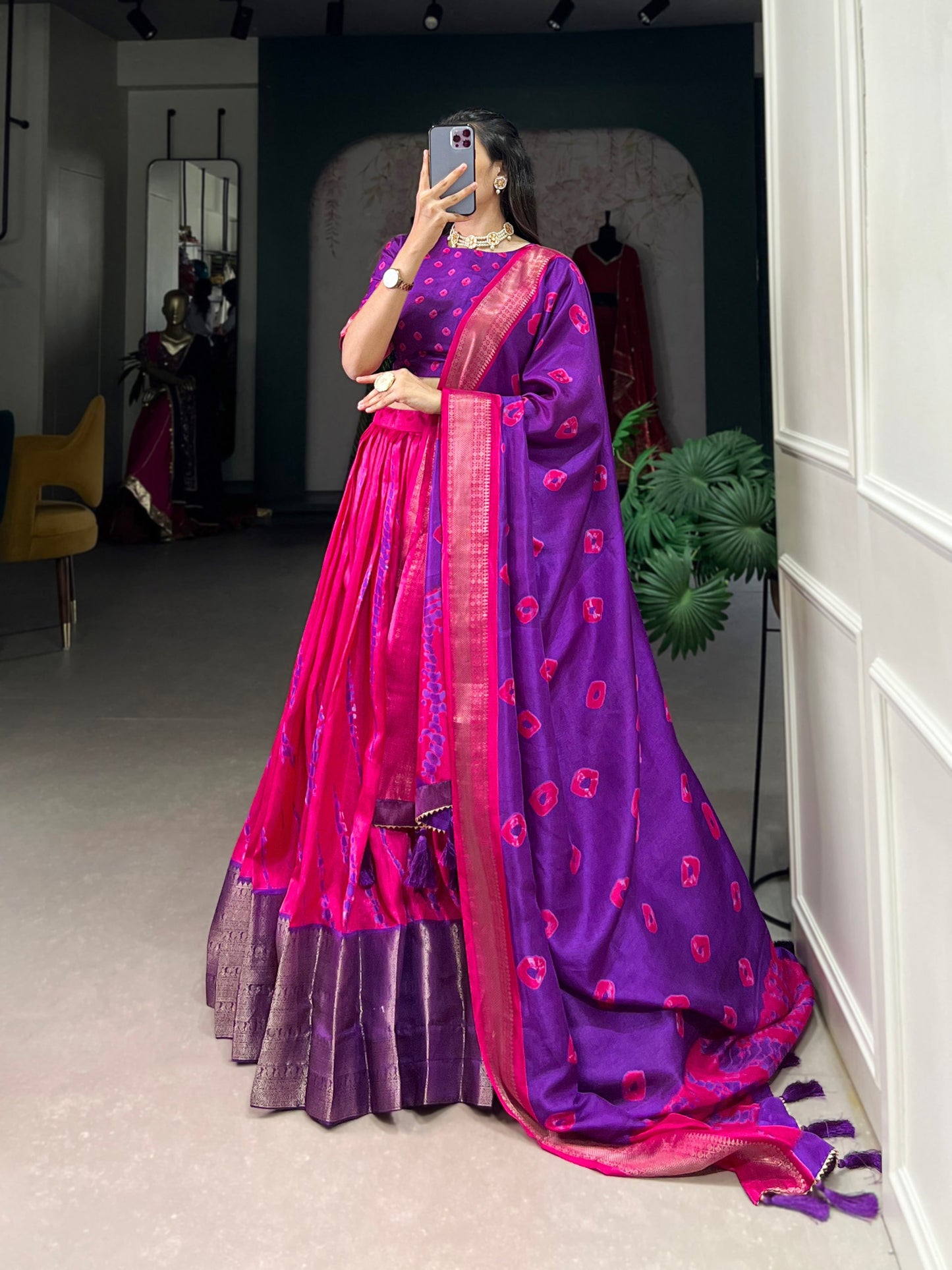 Magnificent Dola Silk Shibori Printed Zari Weaving Border Worked Lehenga Set - INDIAN ELEGANCE