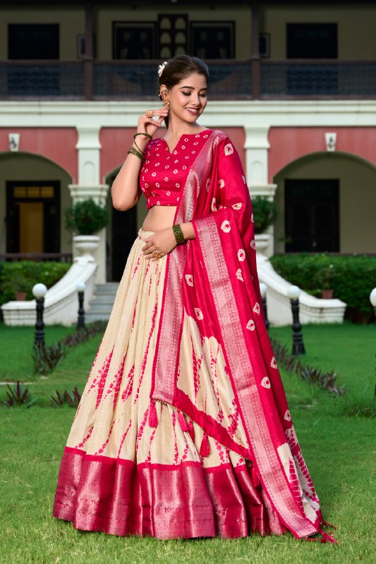 Magnificent Dola Silk Shibori Printed Zari Weaving Border Worked Lehenga Set - INDIAN ELEGANCE