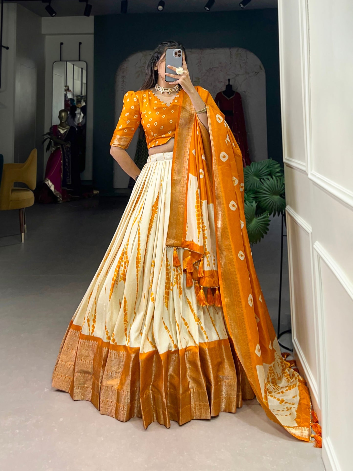 Magnificent Dola Silk Shibori Printed Zari Weaving Border Worked Lehenga Set - INDIAN ELEGANCE