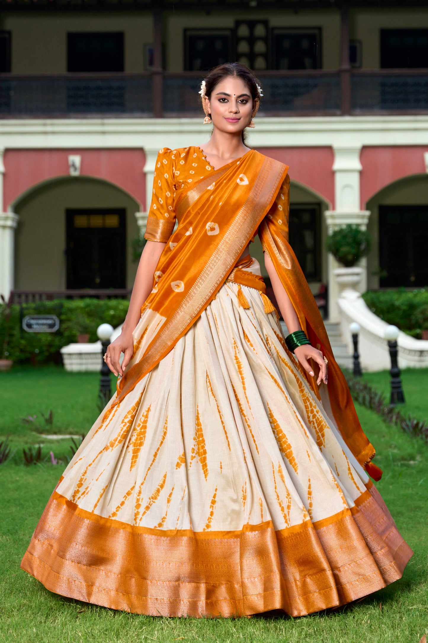 Magnificent Dola Silk Shibori Printed Zari Weaving Border Worked Lehenga Set - INDIAN ELEGANCE