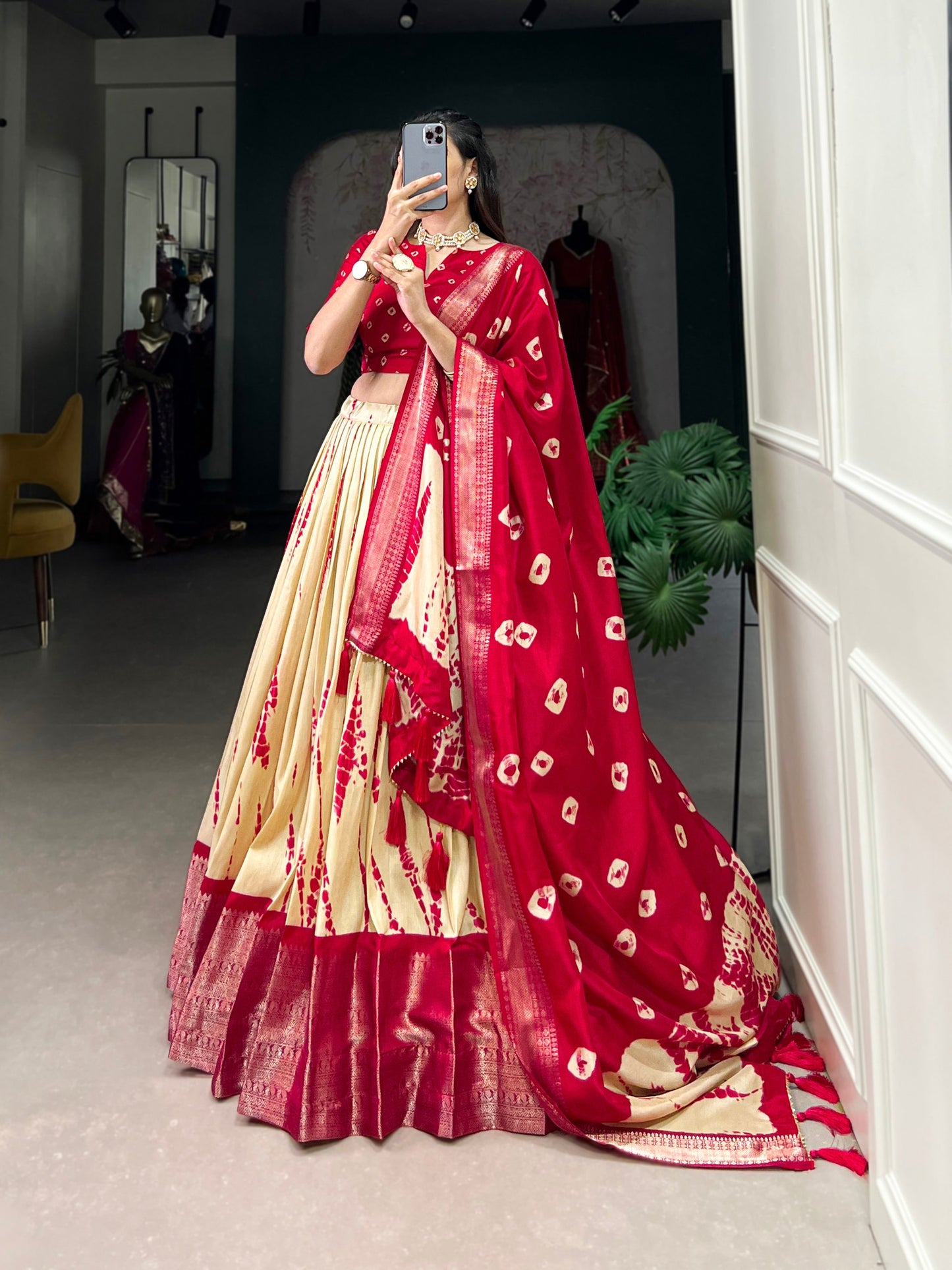Magnificent Dola Silk Shibori Printed Zari Weaving Border Worked Lehenga Set - INDIAN ELEGANCE