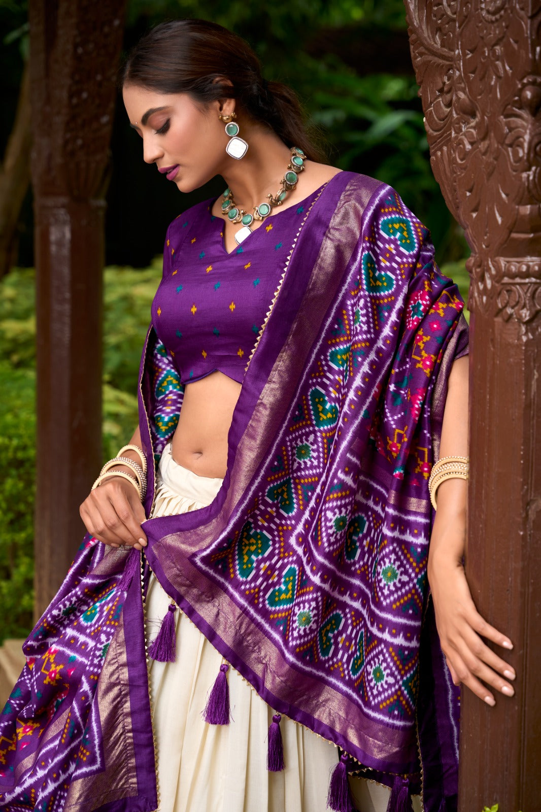 Spectacular Purple Tussar Silk Patola Printed Lehenga Choli Set - INDIAN ELEGANCE