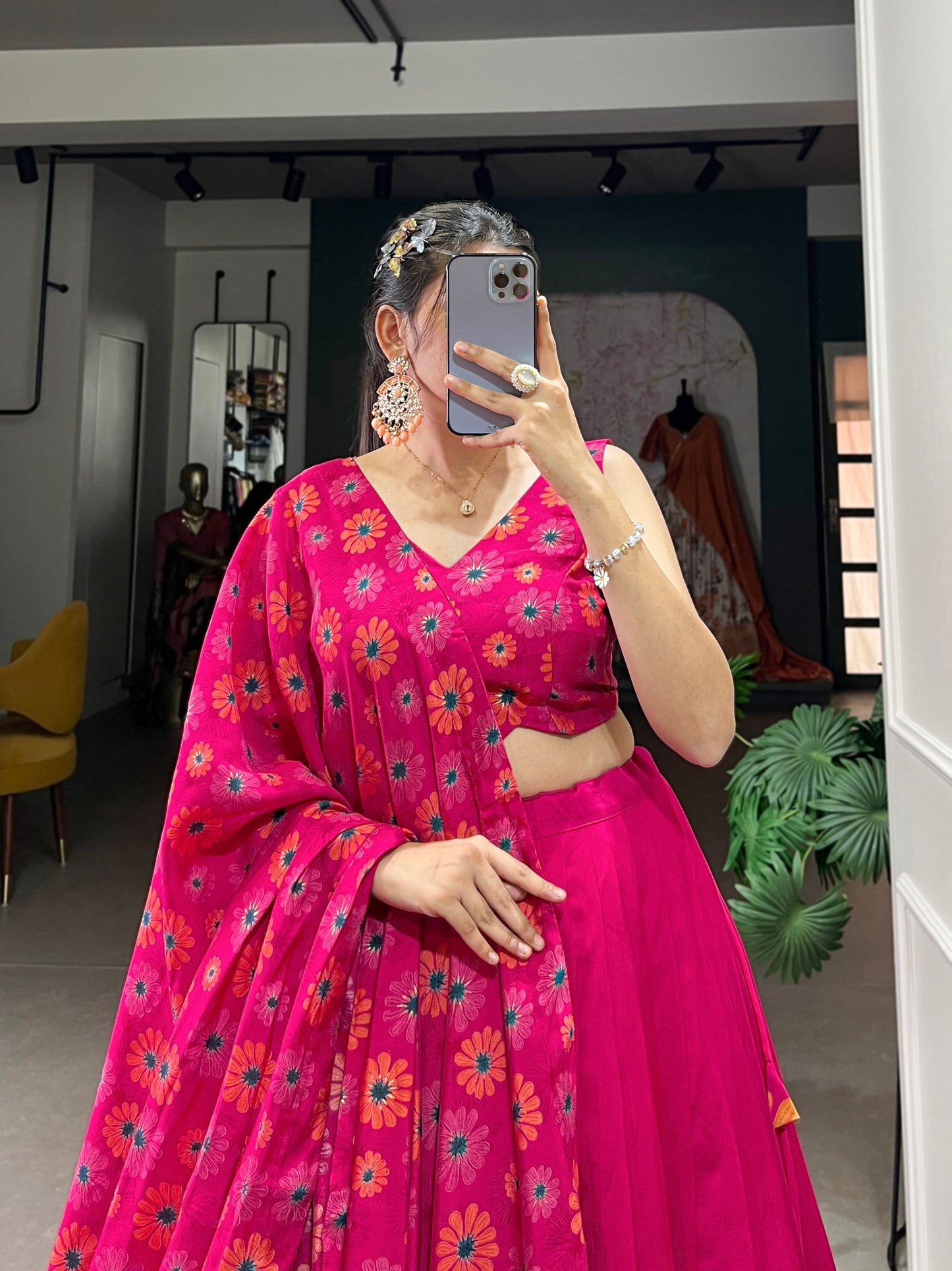 Magnificent Pink Floral Printed Foil Worked Tussar Silk Lehenga Choli - INDIAN ELEGANCE