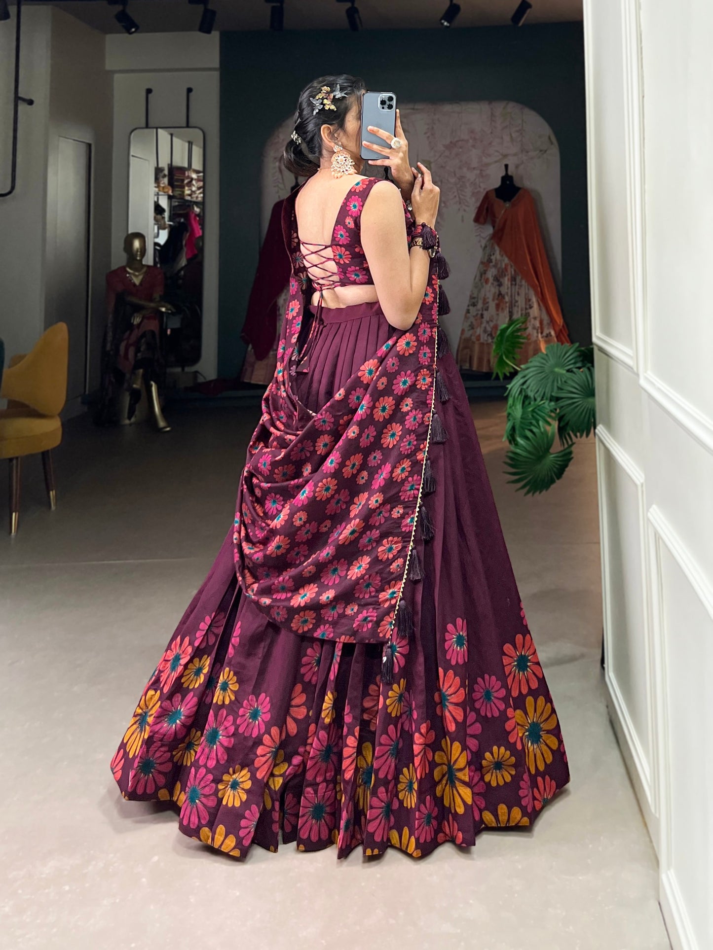 Breathtaking WineFloral Printed Foil Worked Tussar Silk Lehenga Choli - INDIAN ELEGANCE