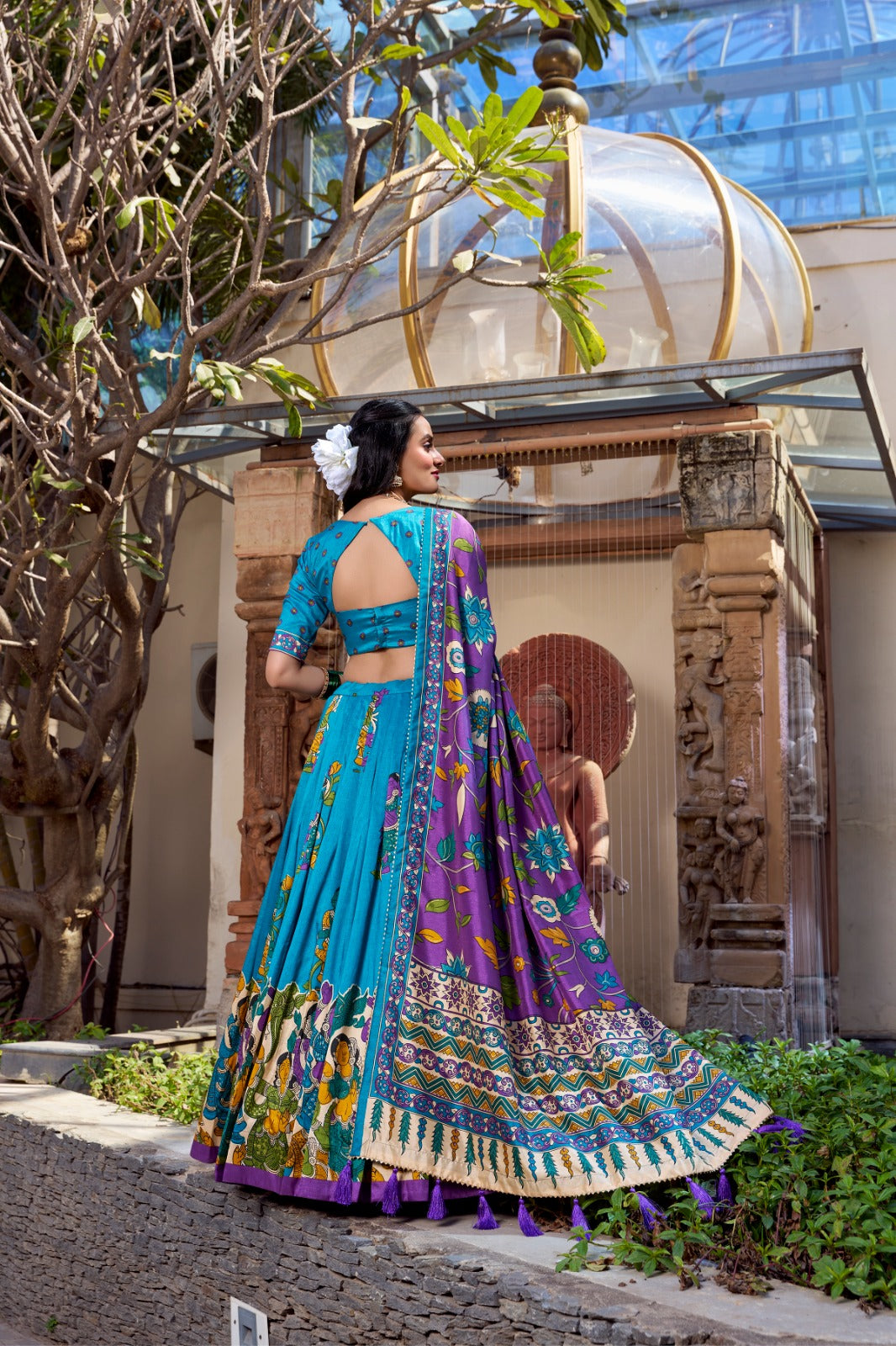 Exquisite Tussar Silk Kalamkari Printed Foil Worked Lehenga Choli