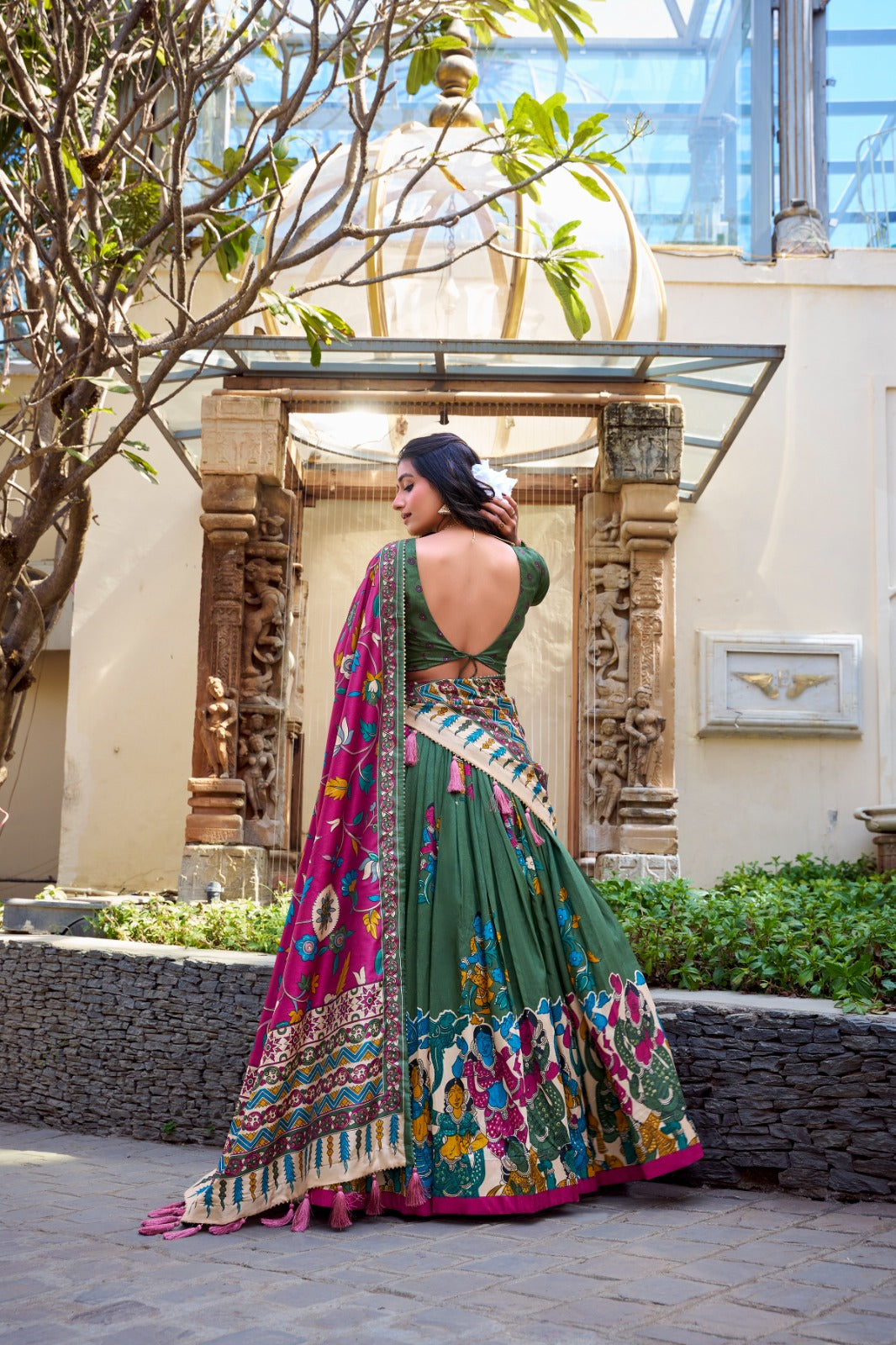 Exquisite Tussar Silk Kalamkari Printed Foil Worked Lehenga Choli