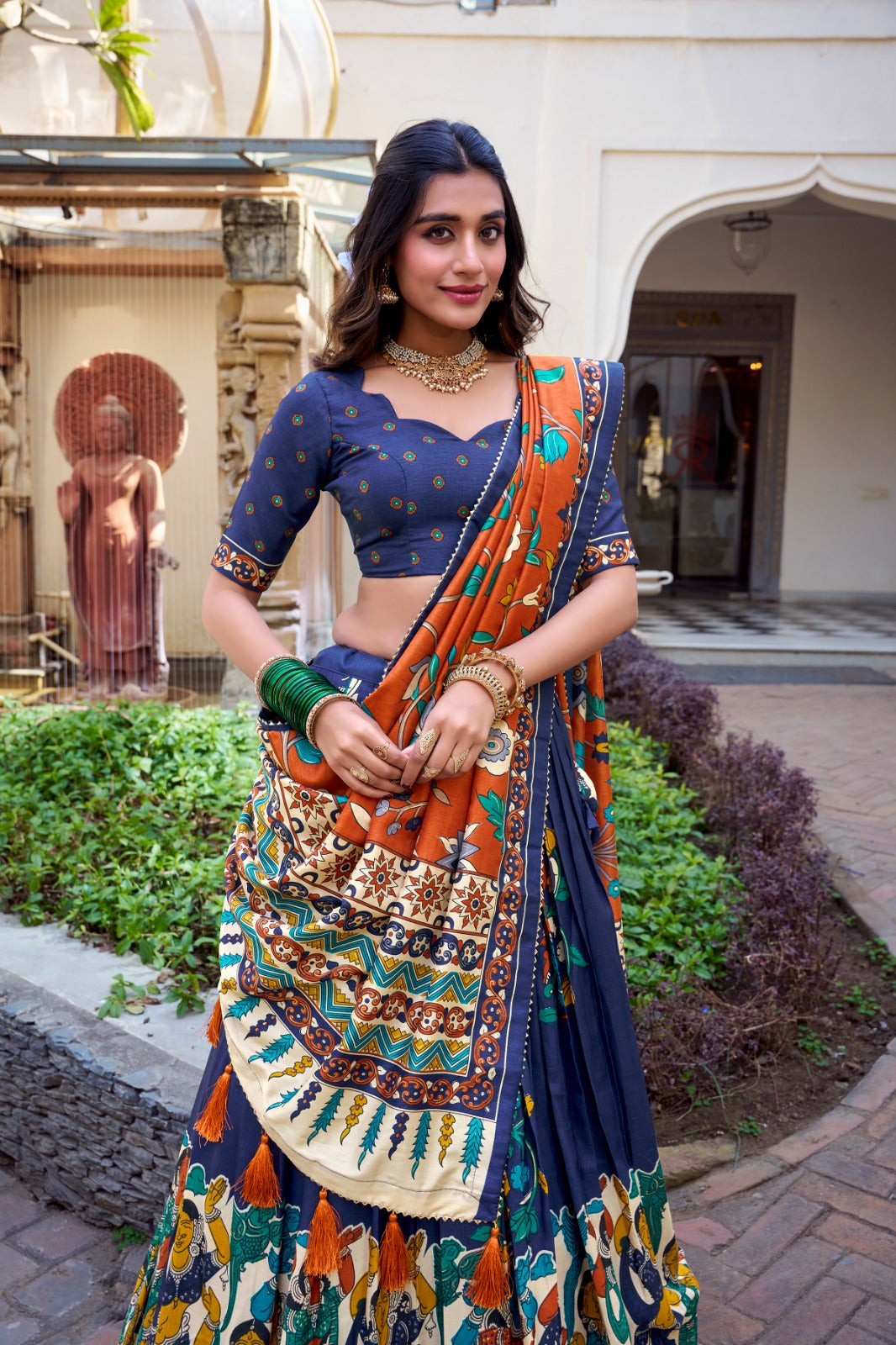 Exquisite Tussar Silk Kalamkari Printed Foil Worked Lehenga Choli