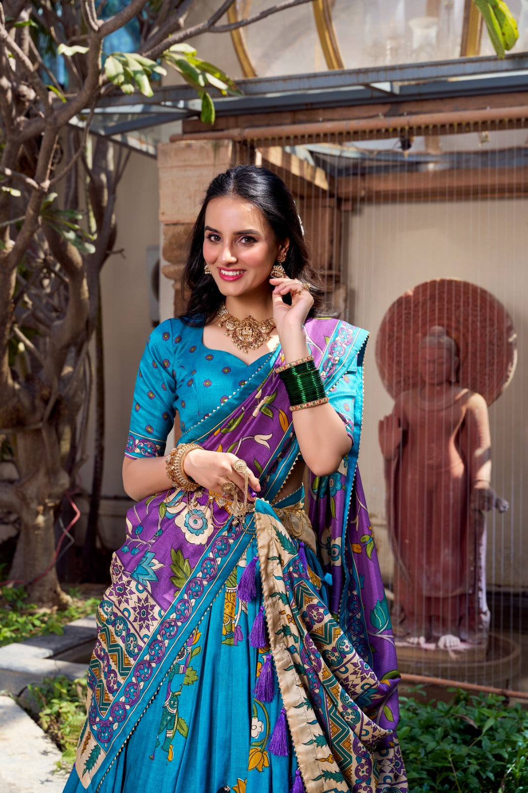 Exquisite Tussar Silk Kalamkari Printed Foil Worked Lehenga Choli