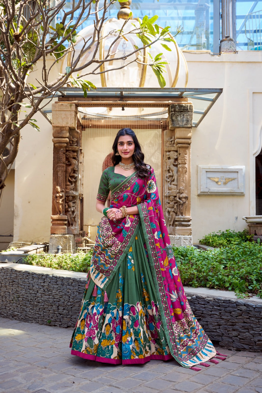 Exquisite Tussar Silk Kalamkari Printed Foil Worked Lehenga Choli