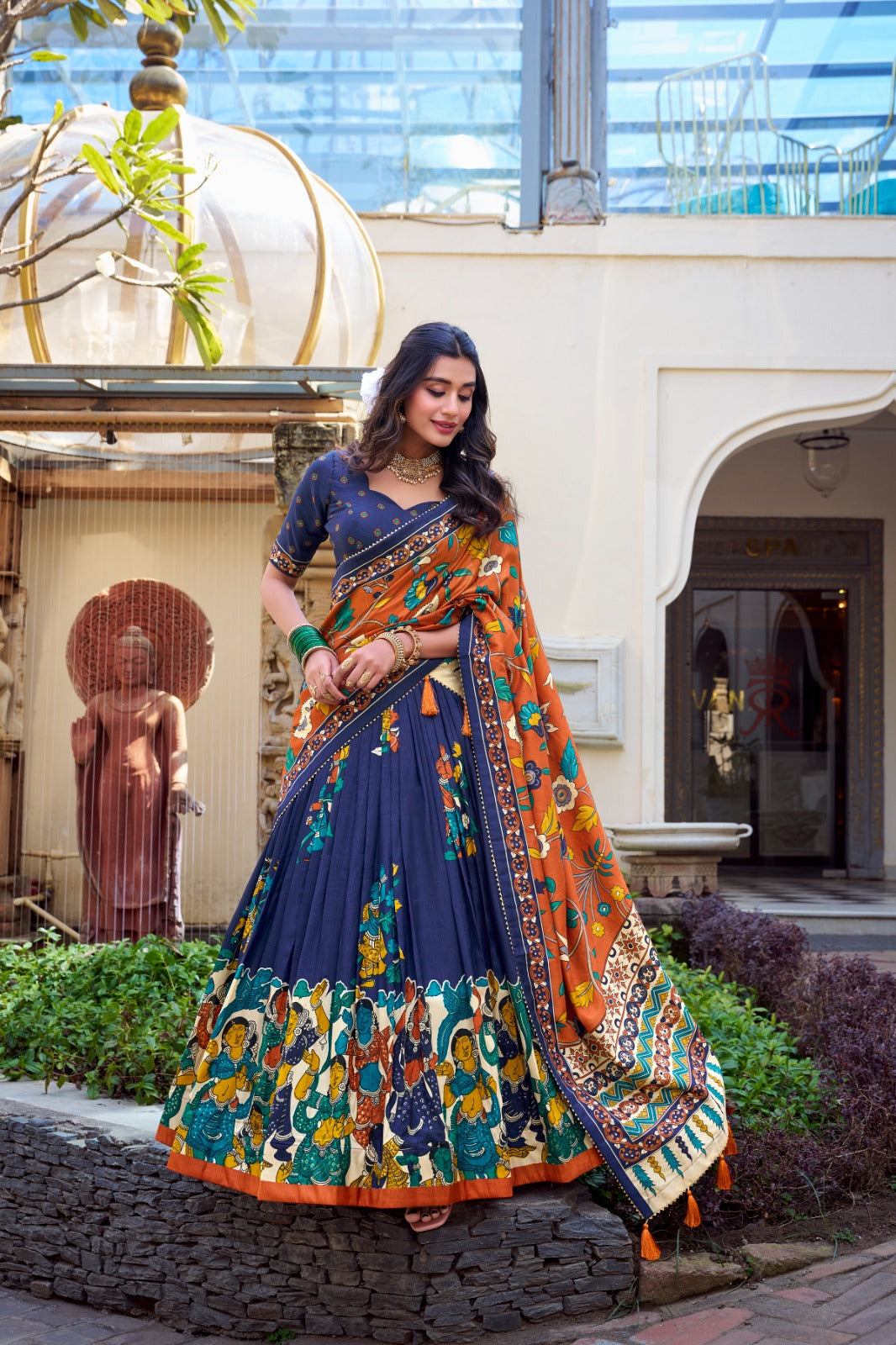 Exquisite Tussar Silk Kalamkari Printed Foil Worked Lehenga Choli