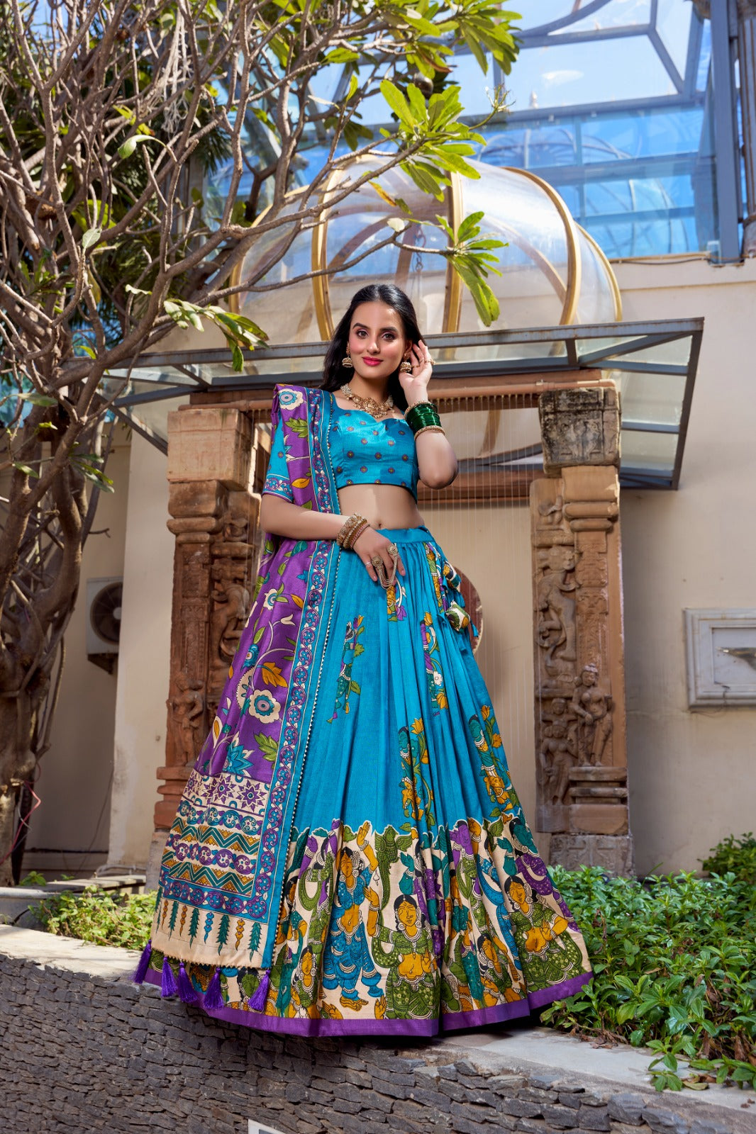 Exquisite Tussar Silk Kalamkari Printed Foil Worked Lehenga Choli