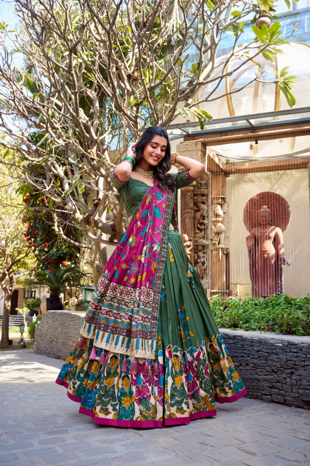 Exquisite Tussar Silk Kalamkari Printed Foil Worked Lehenga Choli