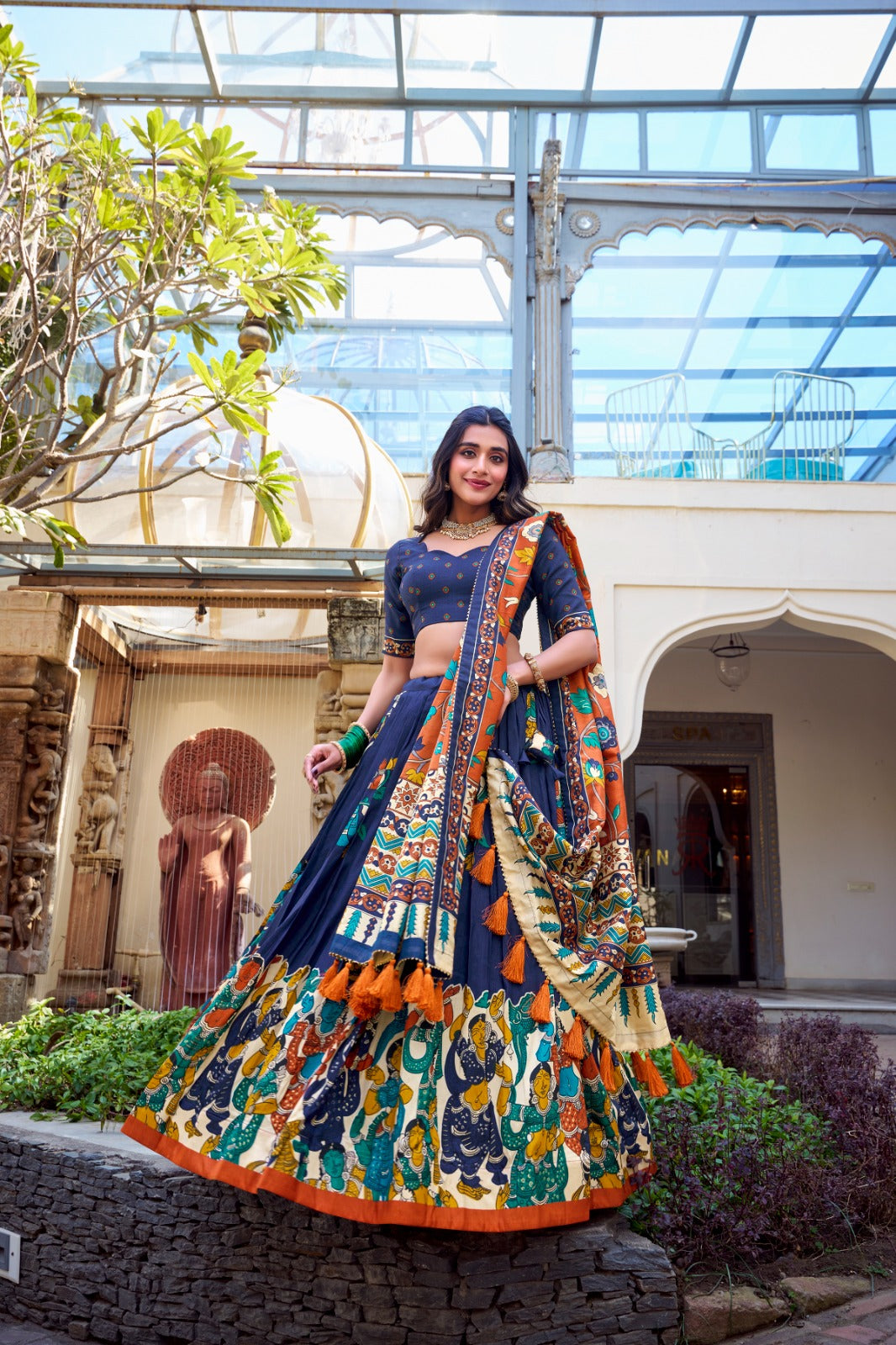 Exquisite Tussar Silk Kalamkari Printed Foil Worked Lehenga Choli