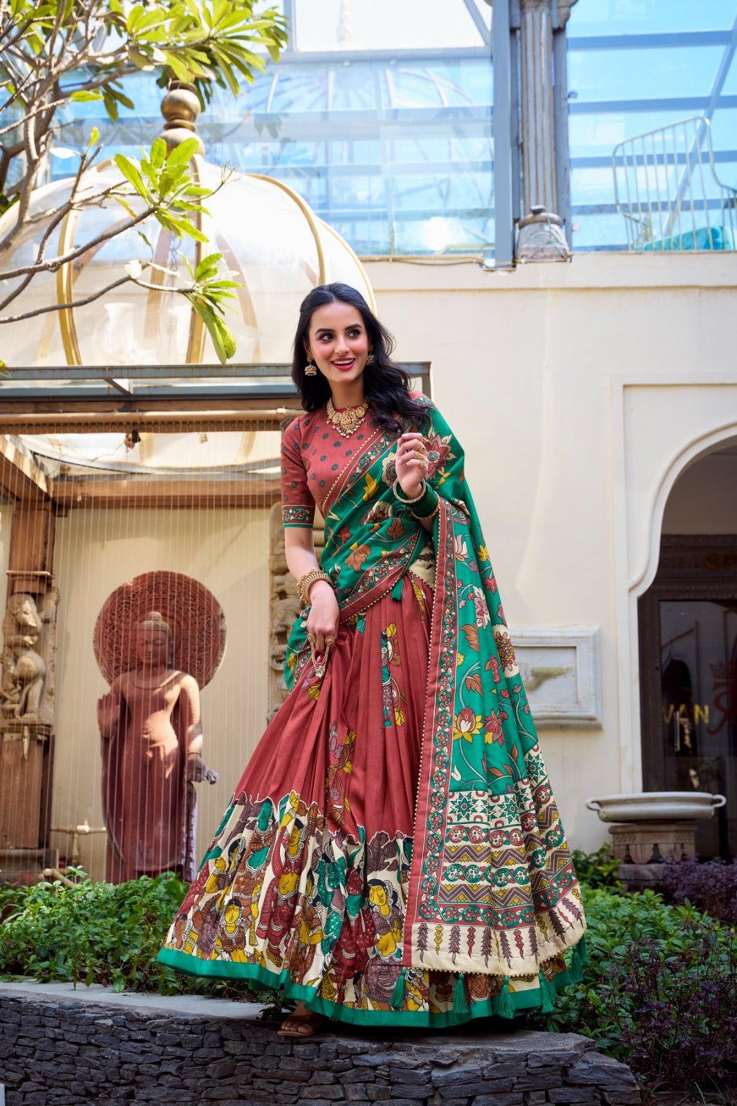 Exquisite Tussar Silk Kalamkari Printed Foil Worked Lehenga Choli