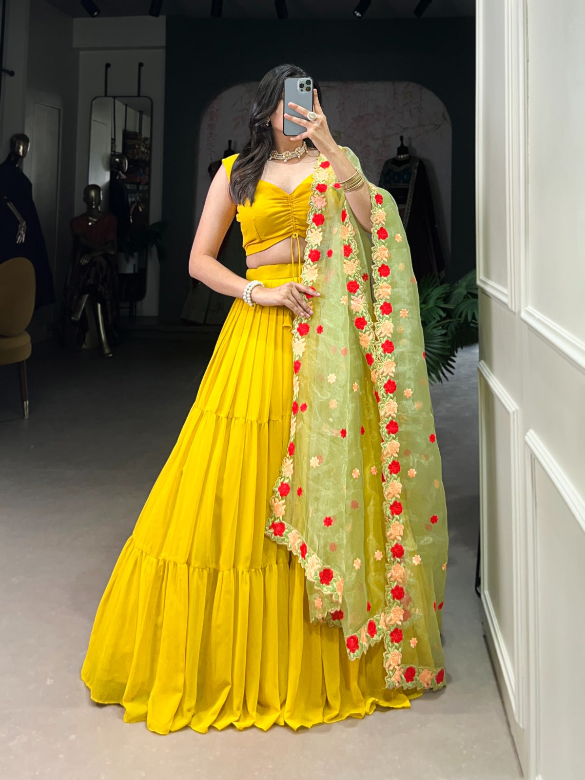 Fabulous Yellow Georgette Fully Stitched Ruffle Lehenga Choli