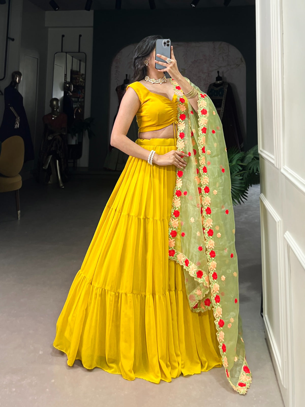 Fabulous Yellow Georgette Fully Stitched Ruffle Lehenga Choli